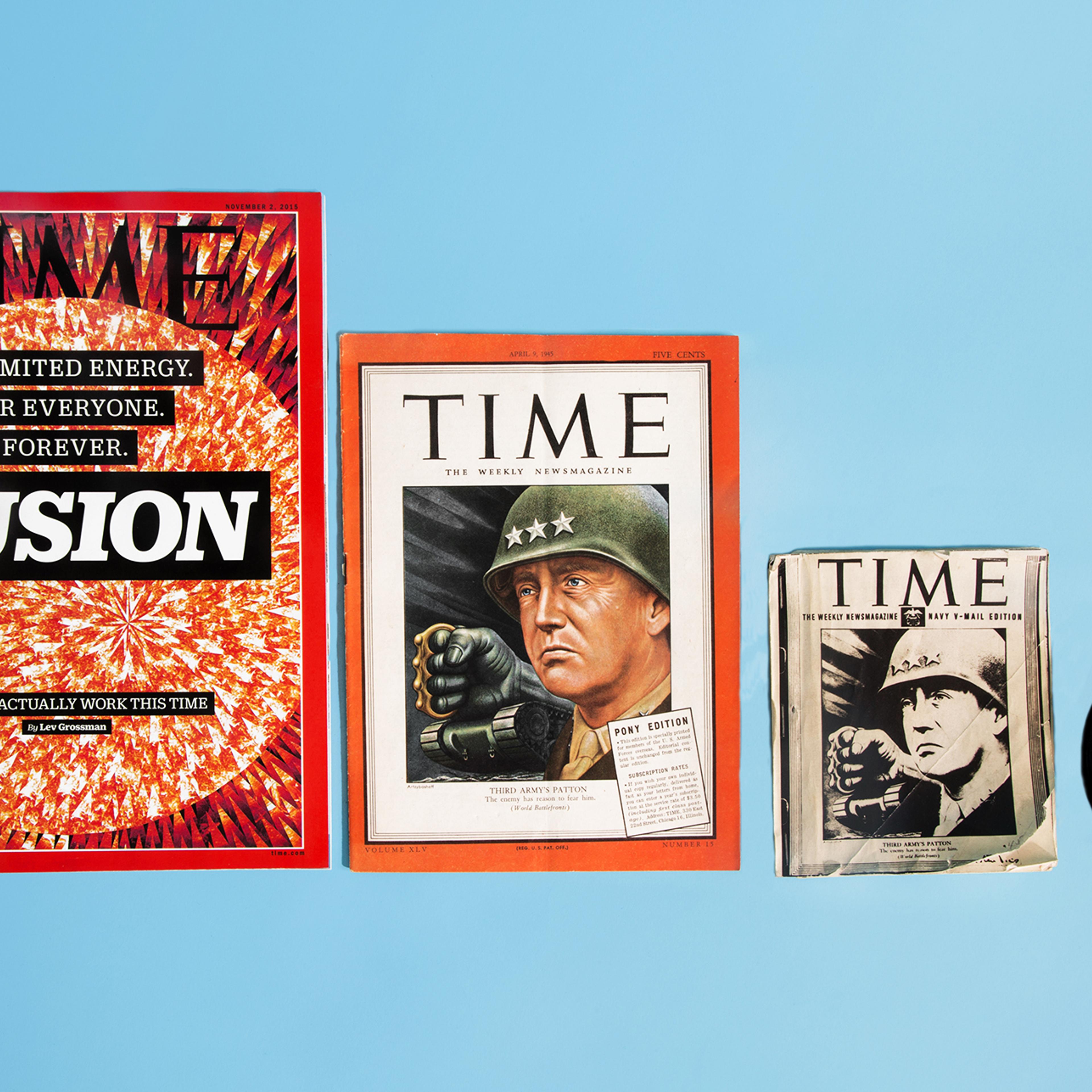 <strong>Pony Editions of TIME: </strong> <i>(regular sized edition of TIME at left for scale)</i> In 1942, TIME began printing "pony" editions of its magazines for U.S. armed forces members fighting in World War II abroad. The slimmer, smaller copies had all the same text, but thinner paper and no advertisements, to facilitate shipping overseas. Pictured on the right is an even smaller microfilm copy of the magazine, printed in black and white on-site for troops who subscribed to the TIME microfilm reels (far right) that were even easier to ship.