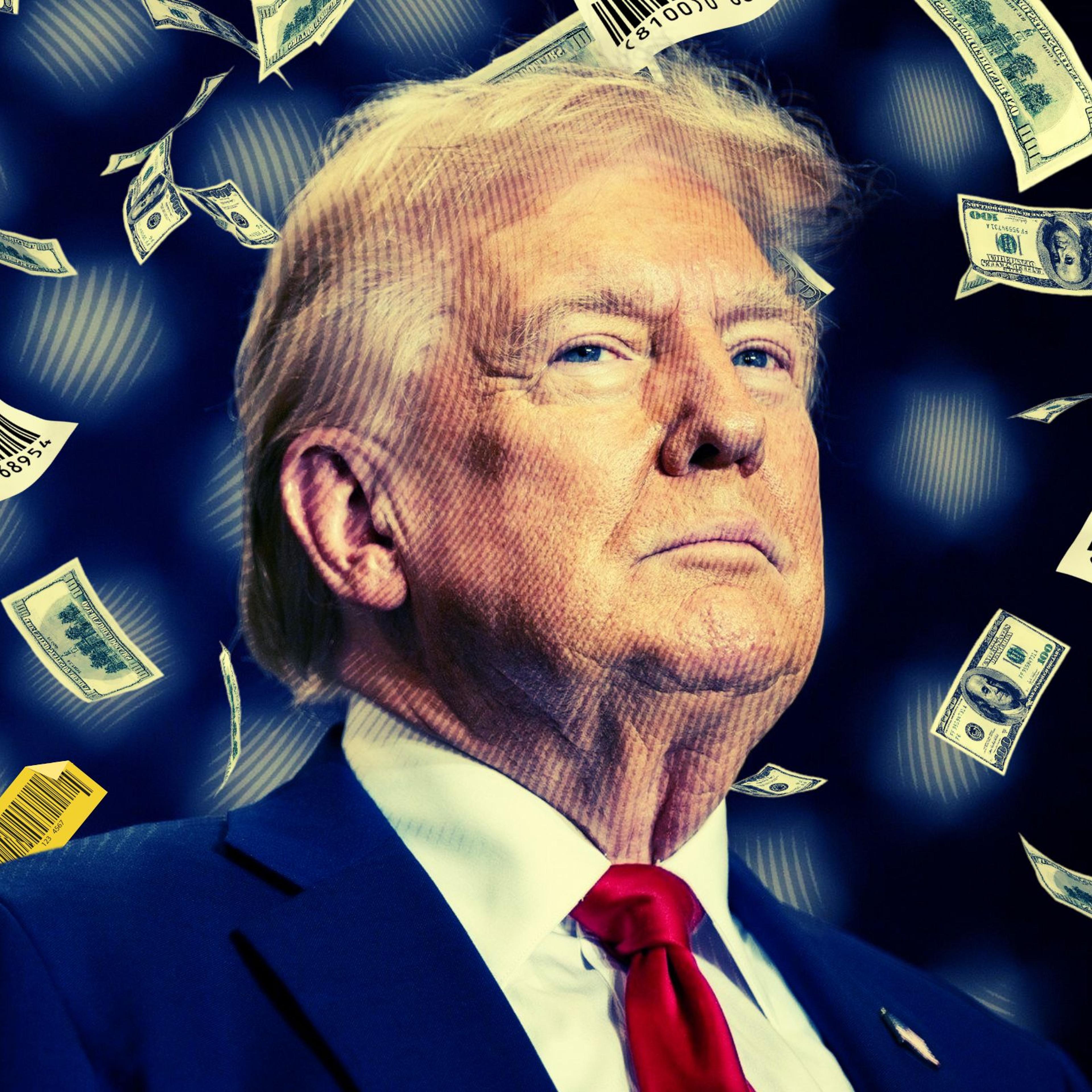 Donald Trump surrounded by falling money and barcodes
