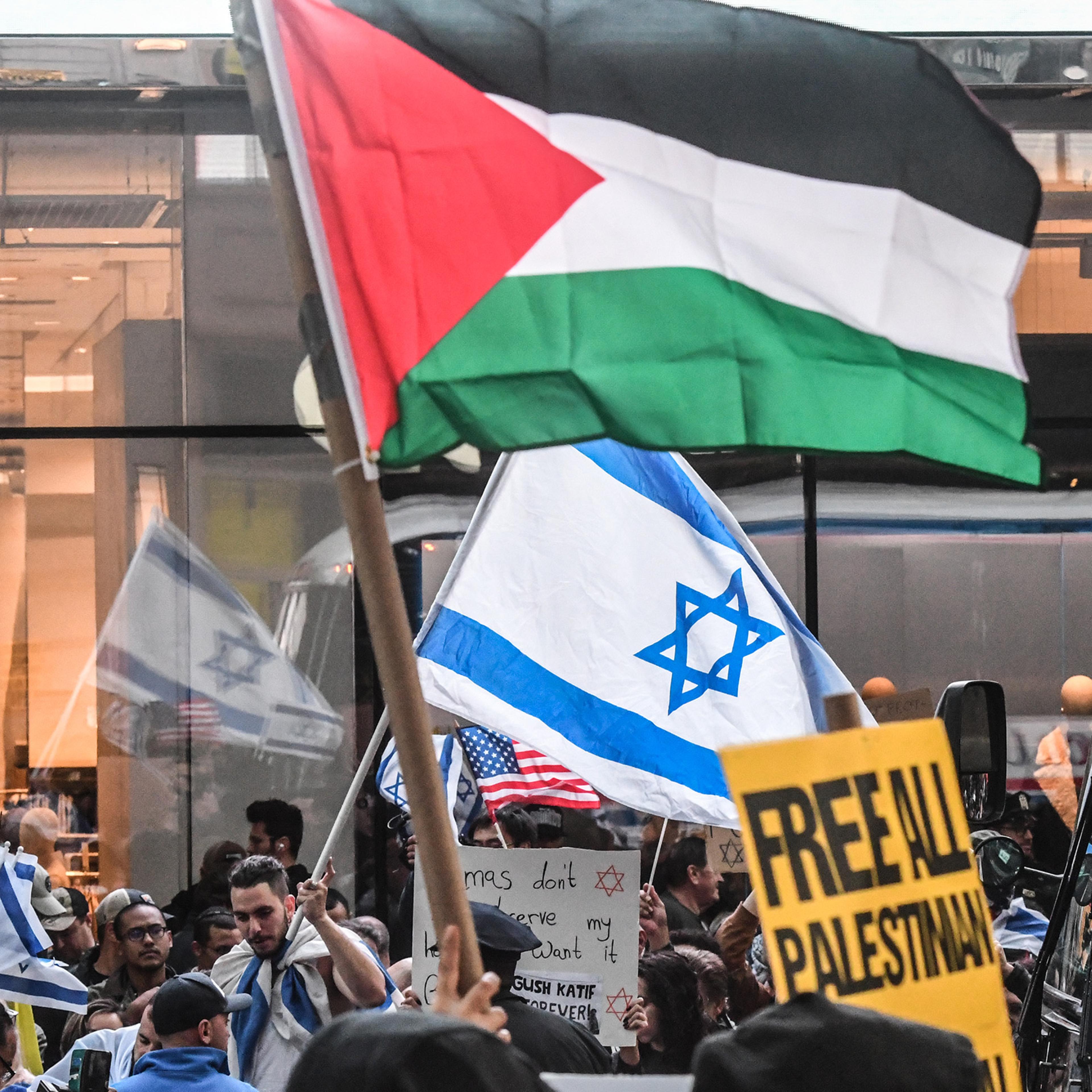 Pro-Israel protestors counter a Pro-Palestinian rally in New York City, on Oct. 13, 2023.