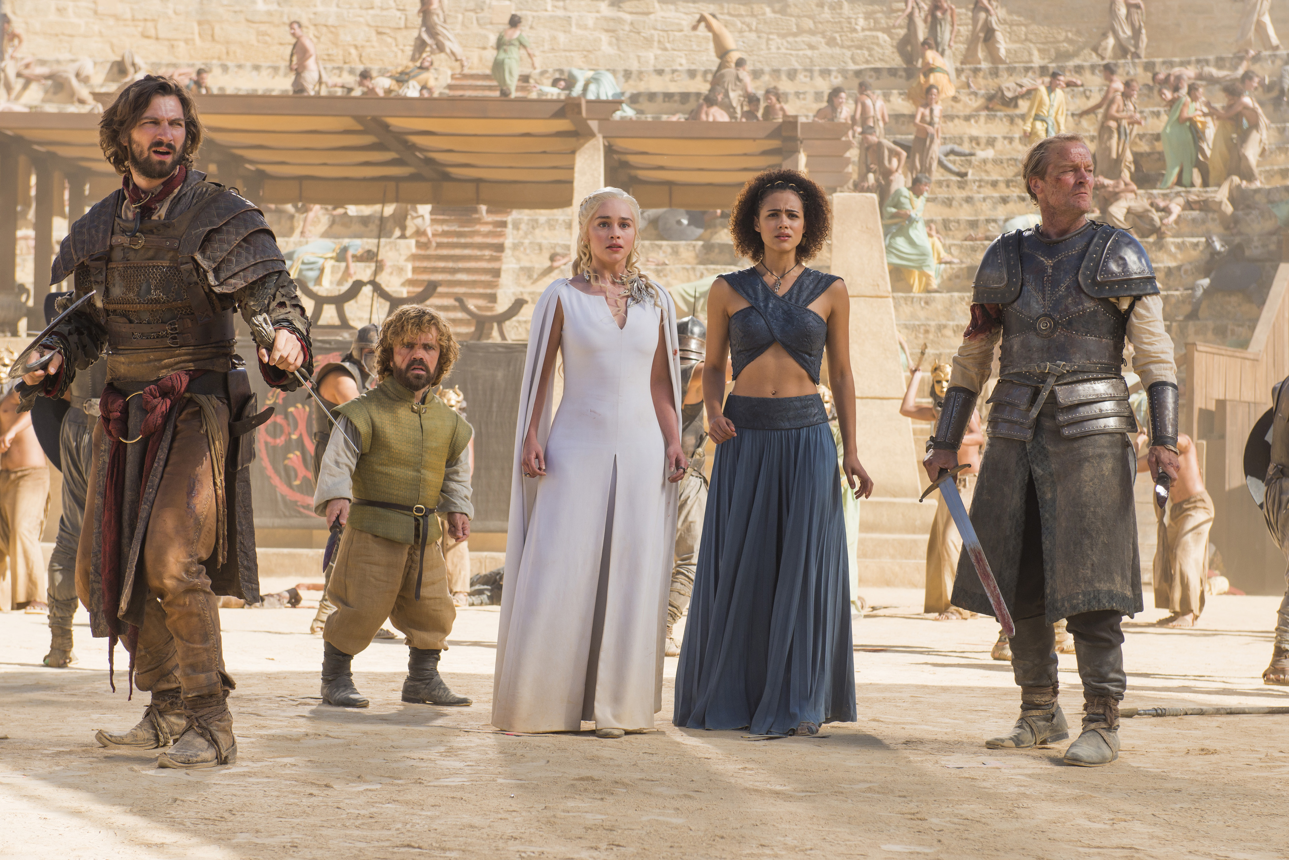 Michiel Huisman, Peter Dinklage, Emilia Clarke, Nathalie Emmanuel and Iain Glen in 'Game of Thrones'