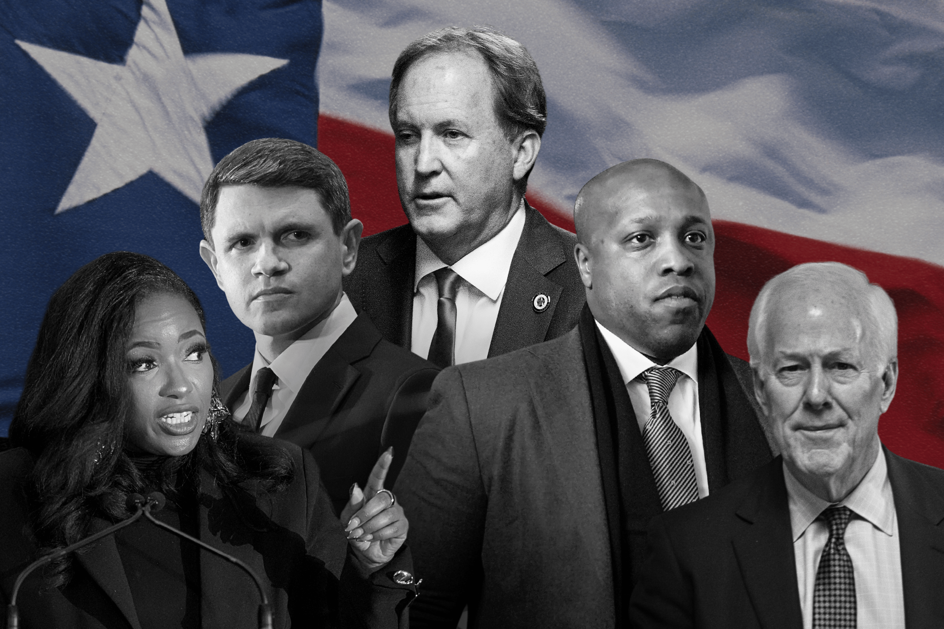 Texas Attorney General Ken Paxton, center, is flanked on the left by Rep. Jasmine Crockett and state Rep. James Talarico, both Democrats, and on the right by Rep. Wesley Hunt and Sen. John Cornyn, both fellow Republicans.