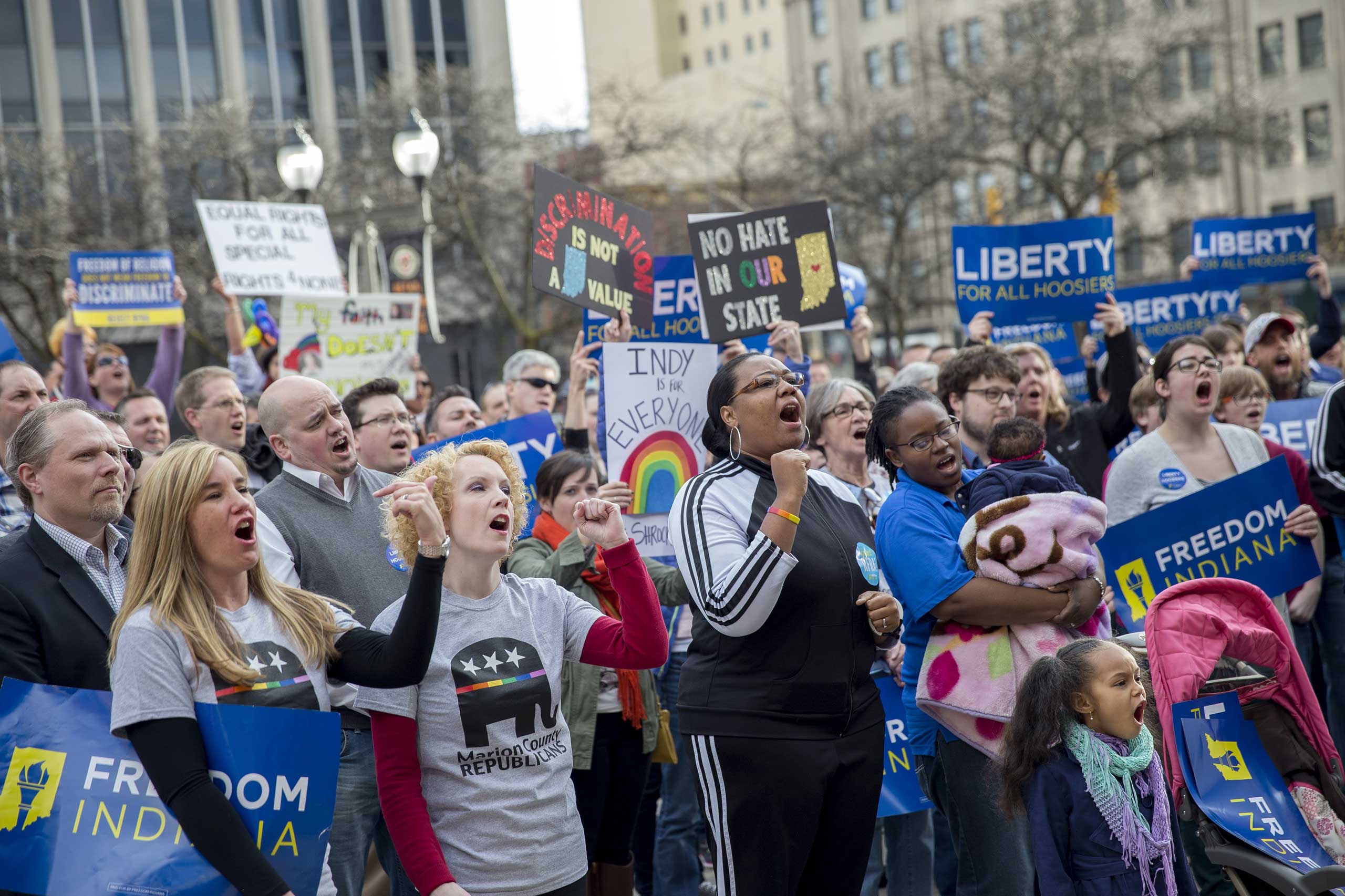 Demonstrators gather outside the City County Building in Indianapolis, Indiana on March 30, 2015.