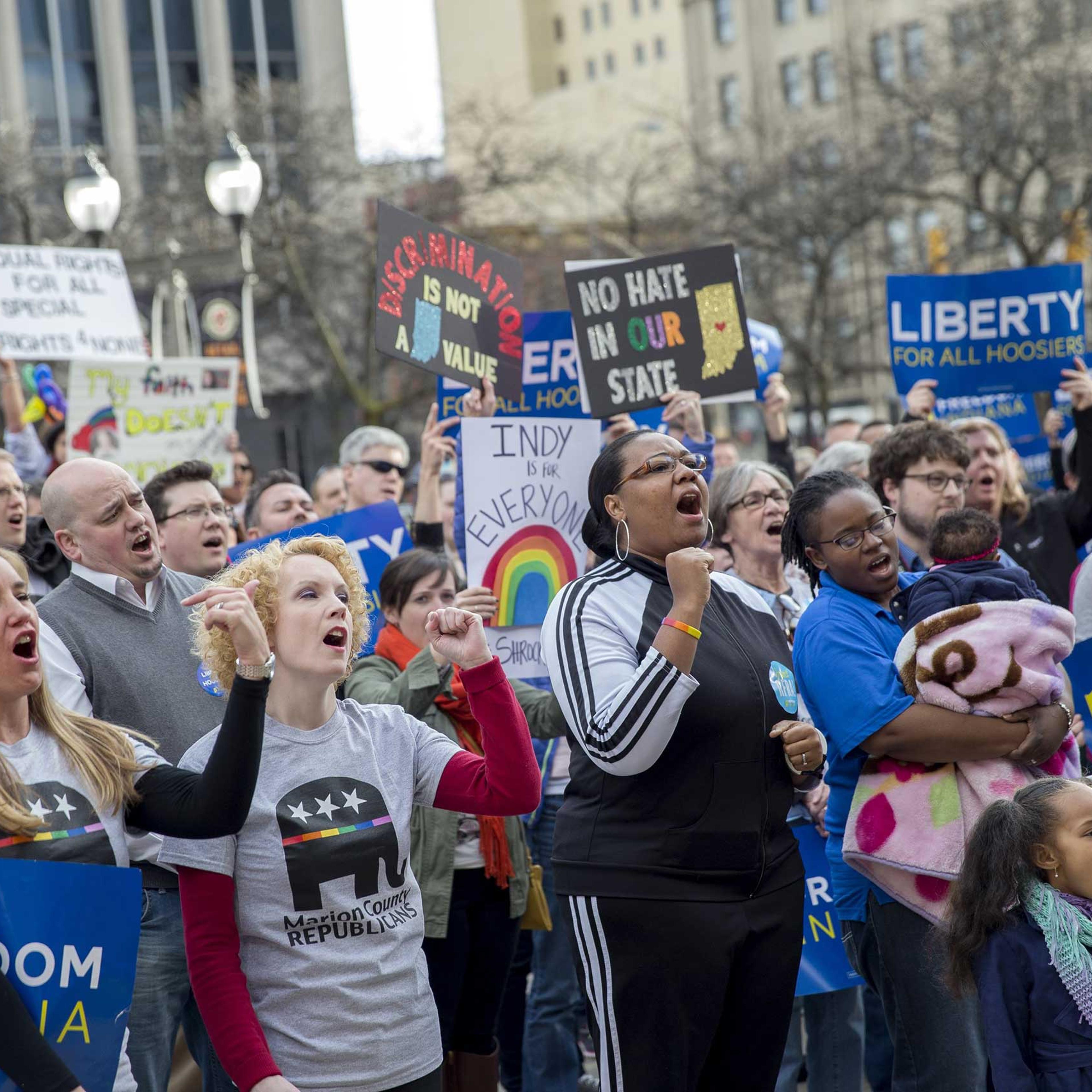 Demonstrators gather outside the City County Building in Indianapolis, Indiana on March 30, 2015.