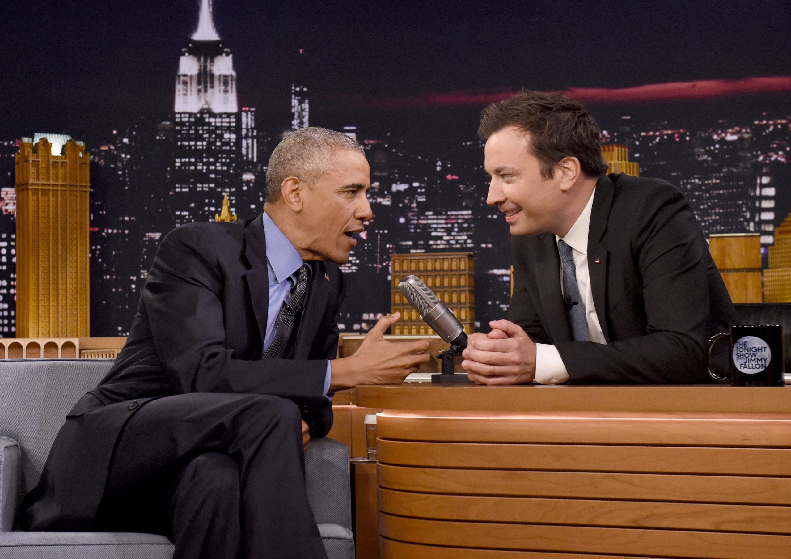 epa05352180 US President Barack Obama (L) speaks with Jimmy Fallon (R) on the set of the Tonight Show at NBC Studios in Manhattan, New York, USA, on 08 June 2016. President Obama is the first sitting president to appear on the show. EPA/Thomas A. Ferrara