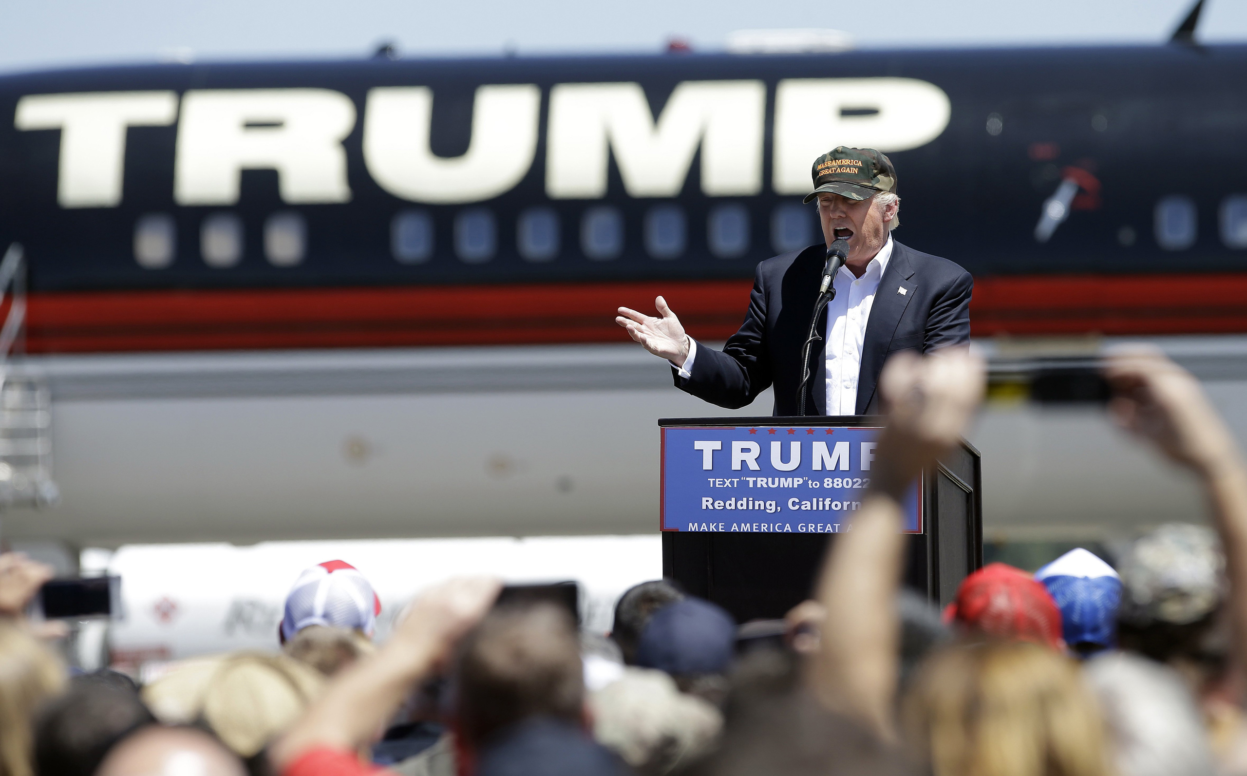 Republican presidential candidate Donald Trump speaks at a campaign rally at the Redding Municipal Airport in Redding, Calif., June 3, 2016.
