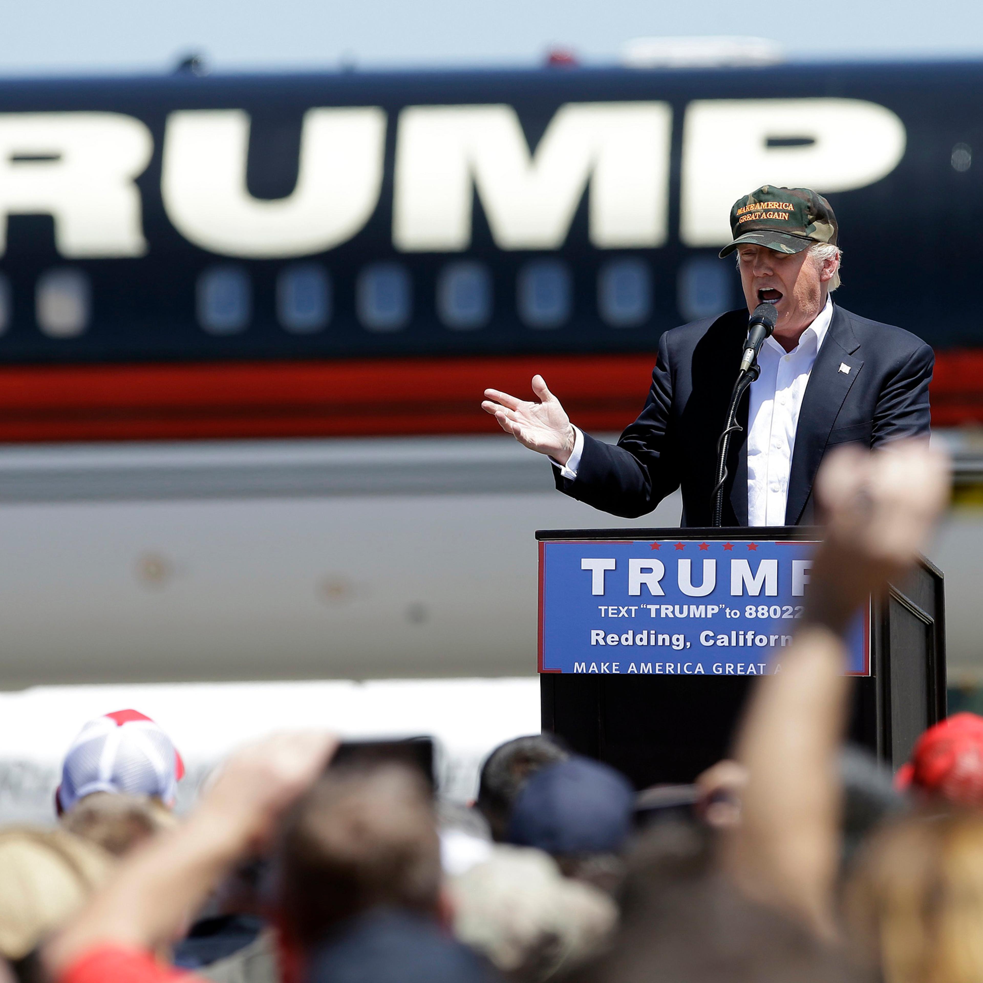 Republican presidential candidate Donald Trump speaks at a campaign rally at the Redding Municipal Airport in Redding, Calif., June 3, 2016.
