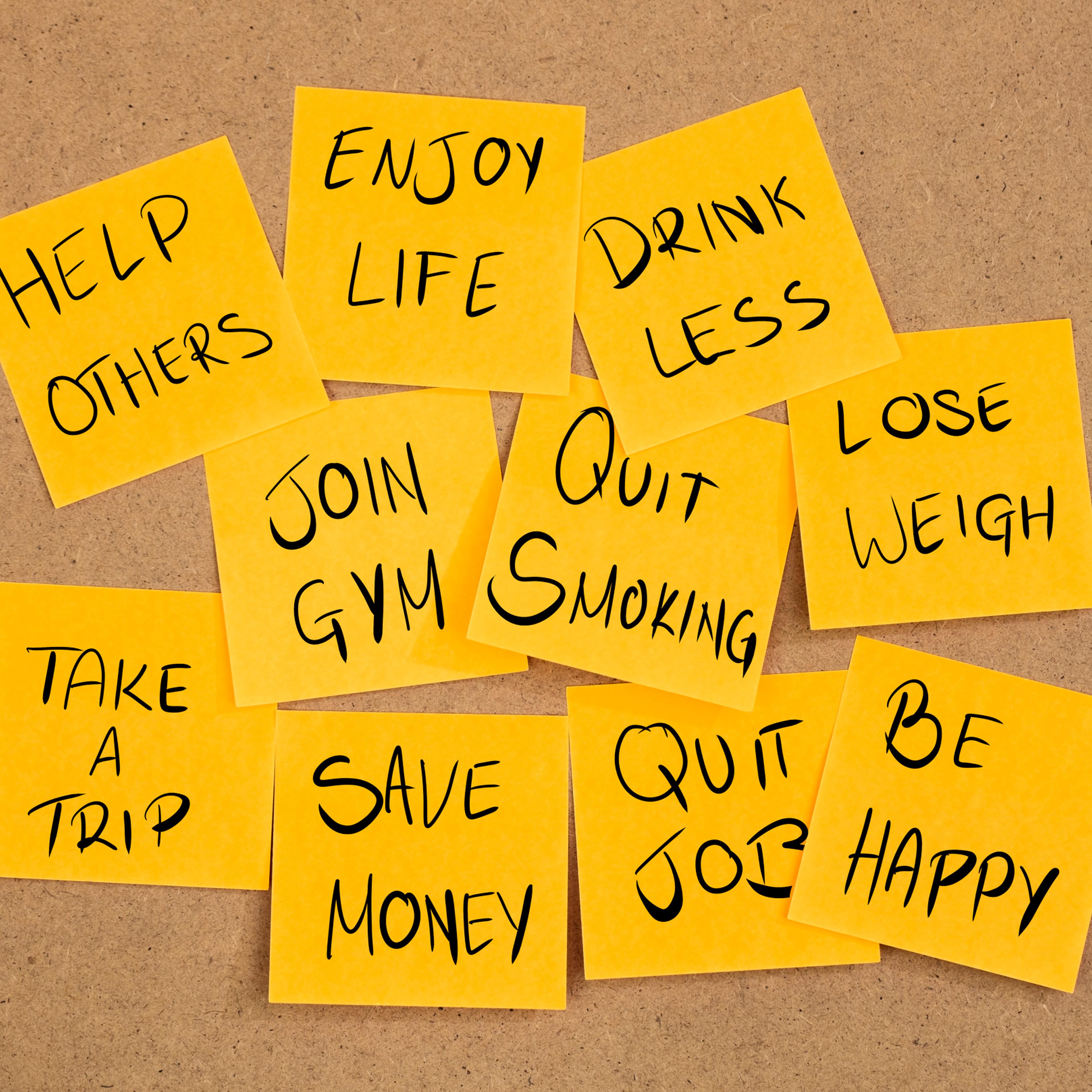 NEW YEAR RESOLUTIONS 2020 on sticky notes on a board