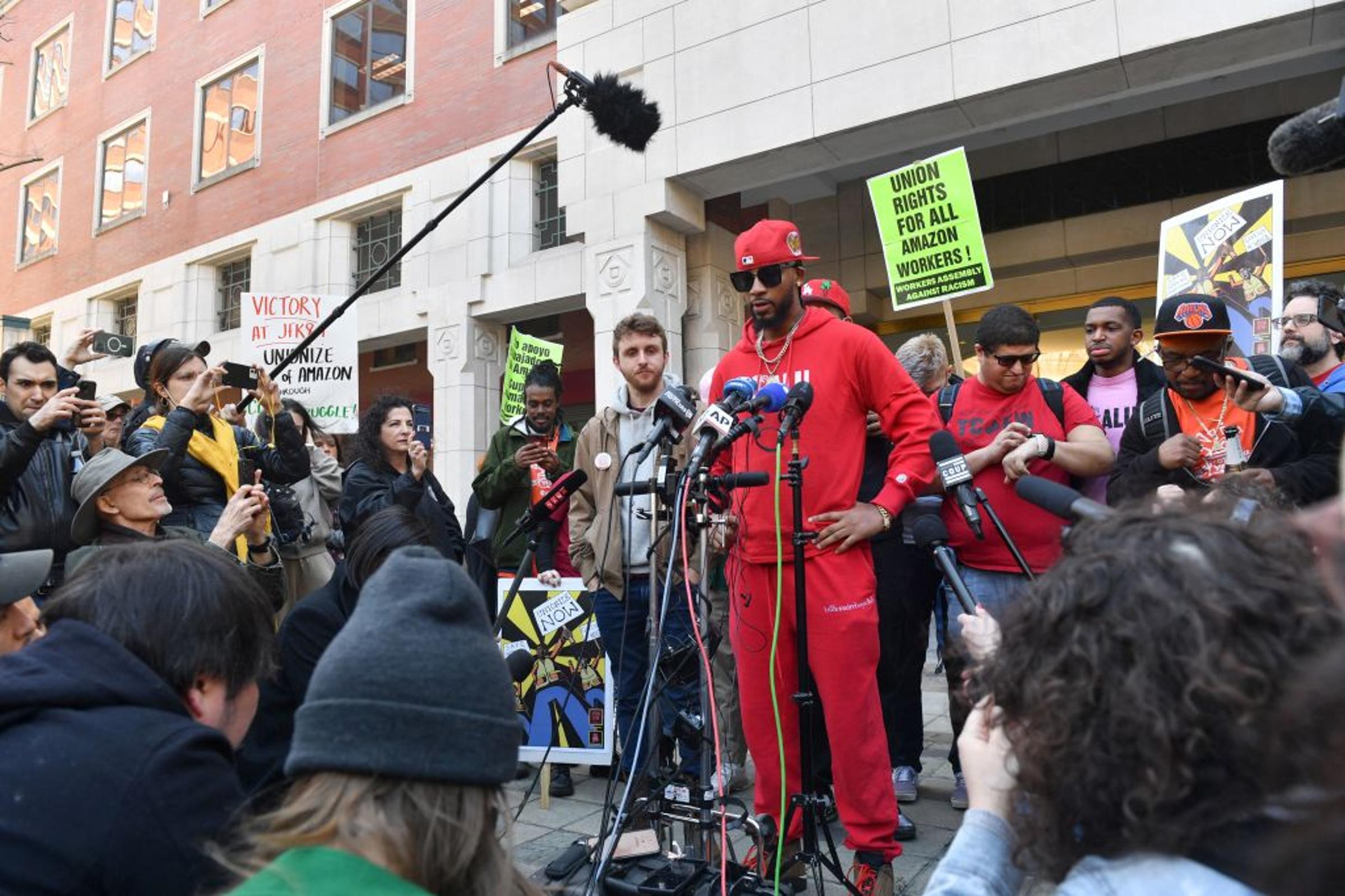 Union organizer Christian Smalls speaks following the April 1, 2022, vote for the unionization of the Amazon Staten Island warehouse in New York.