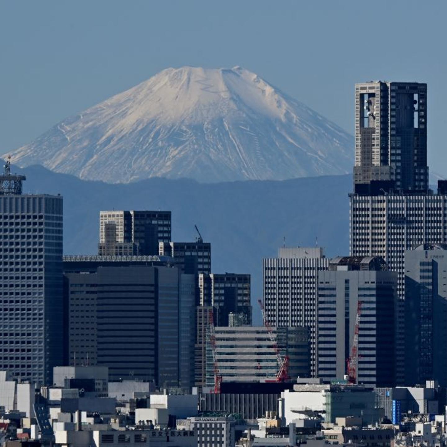 This picture taken on Nov. 14, 2023 shows Japan's highest mountain, Mt. Fuji in the background between skyscrapers in Tokyo's Shinjuku area.