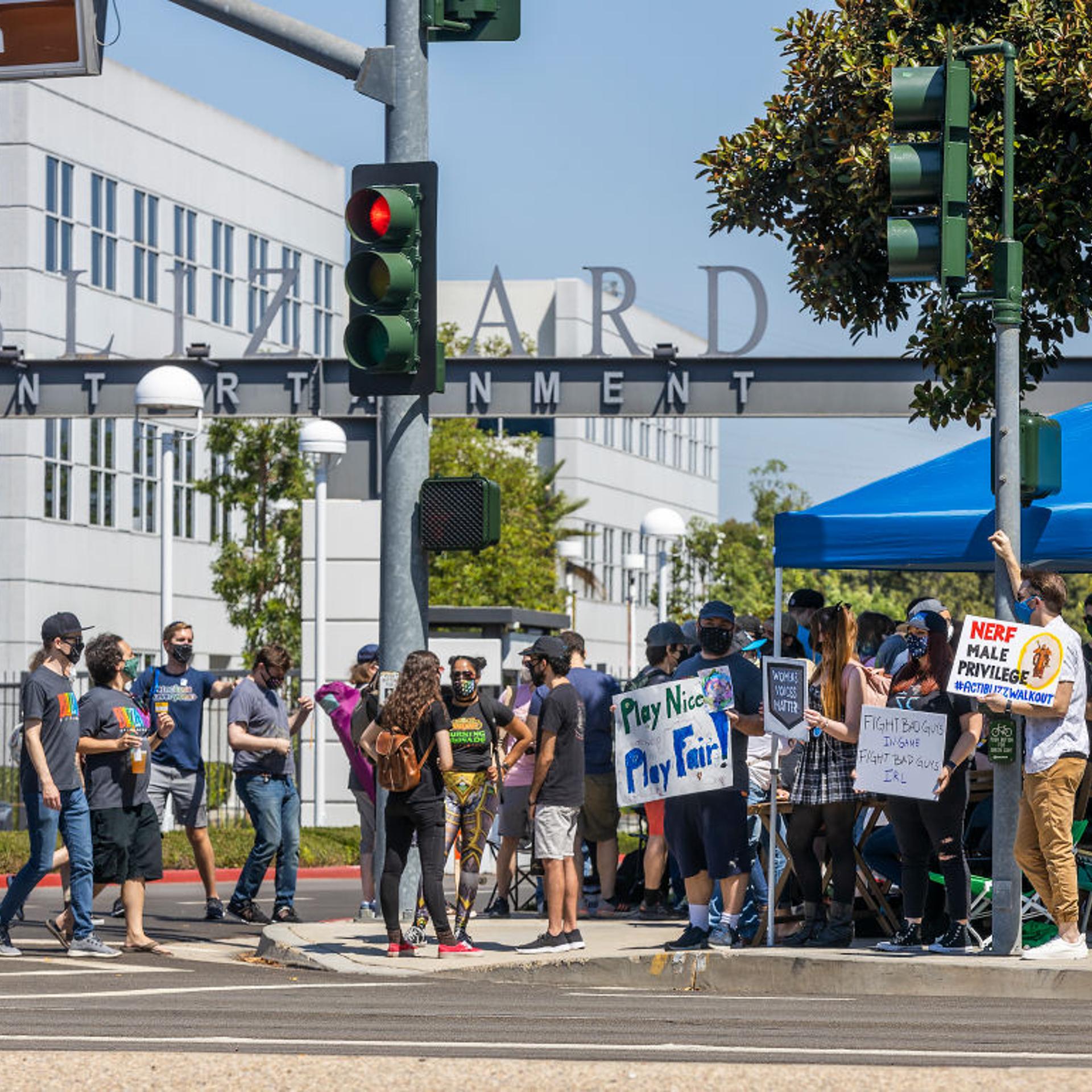 Activision Blizzard employees stage a walkout in the response from company leadership to a lawsuit highlighting alleged harassment, inequality