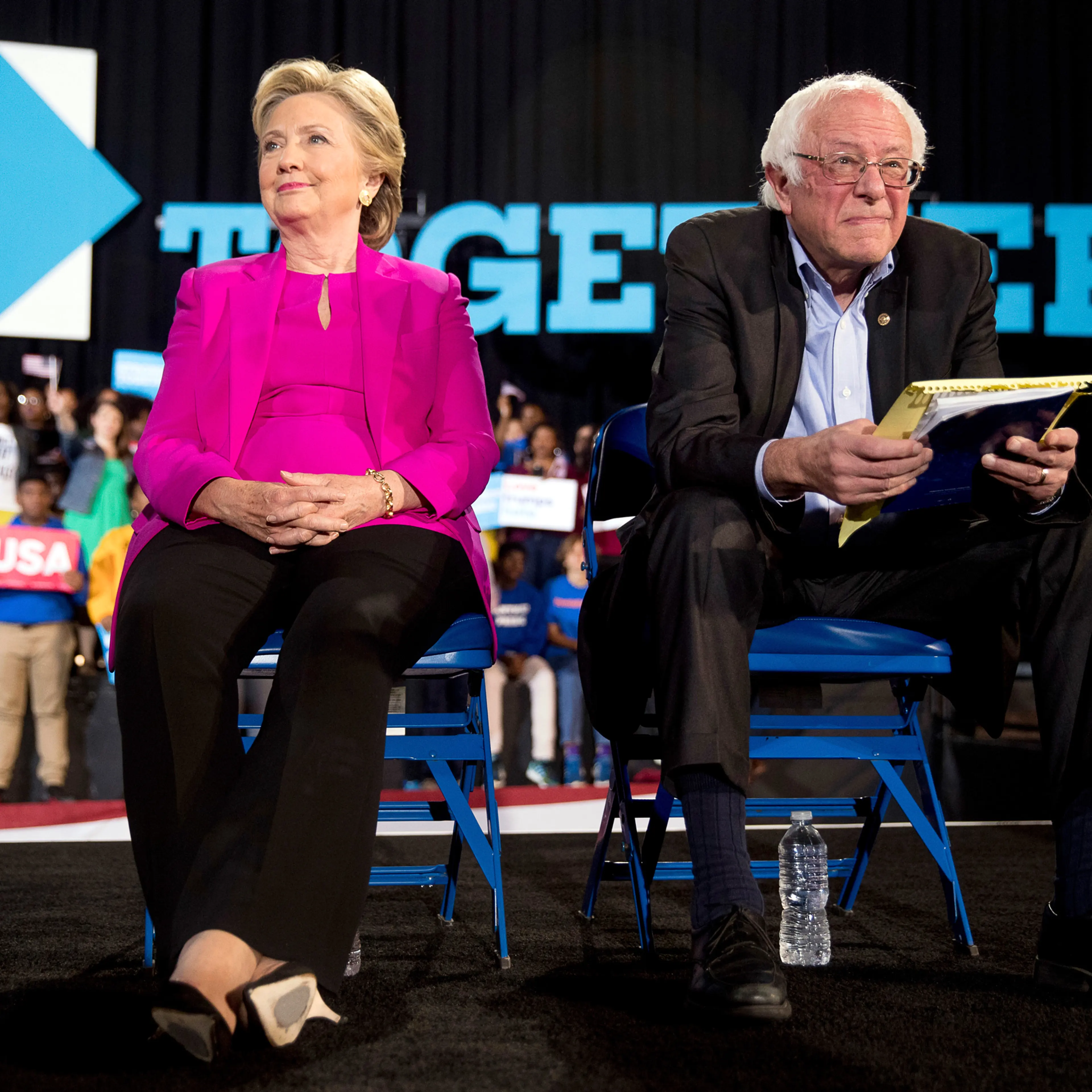 Democratic presidential candidate Hillary Clinton and Sen. Bernie Sanders, D-Vt., appear at a rally at Coastal Credit Union Music Park at Walnut Creek in Raleigh, N.C., Thursday, Nov. 3, 2016. (AP Photo/Andrew Harnik)