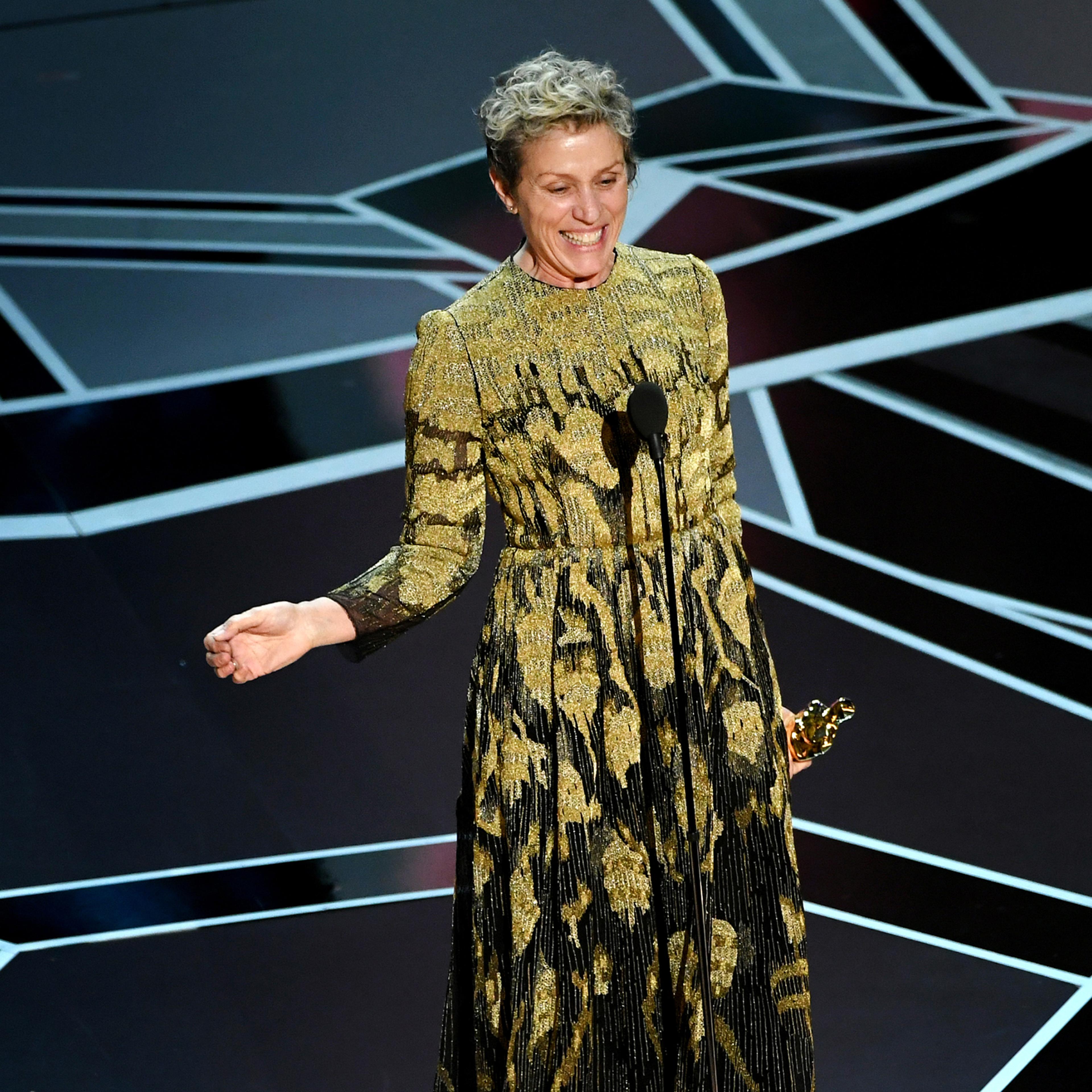 Actor Frances McDormand accepts Best Actress for 'Three Billboards Outside Ebbing, Missouri' onstage during the 90th Annual Academy Awards at the Dolby Theatre at Hollywood & Highland Center on March 4, 2018 in Hollywood.