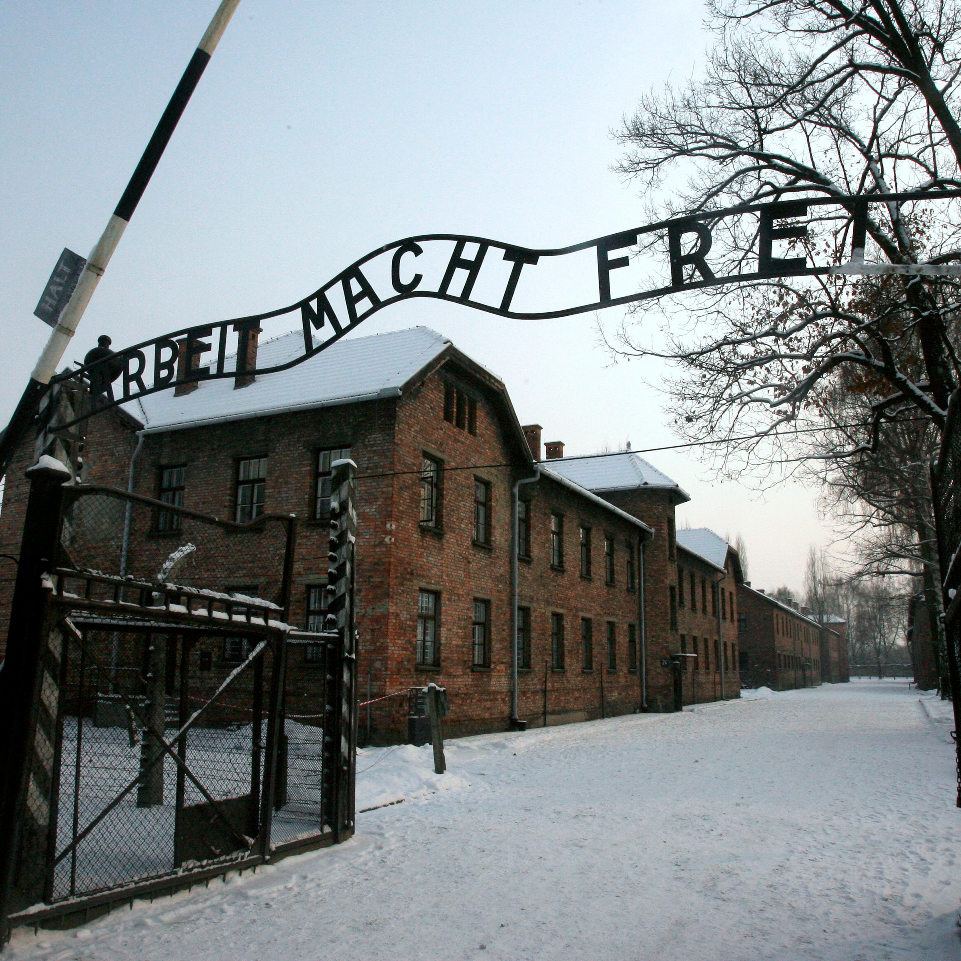 A replica hung in place of the stolen infamous "Arbeit macht frei" sign at the former Nazi death camp Auschwitz in Oswiecim, Poland on Dec. 18, 2009.
