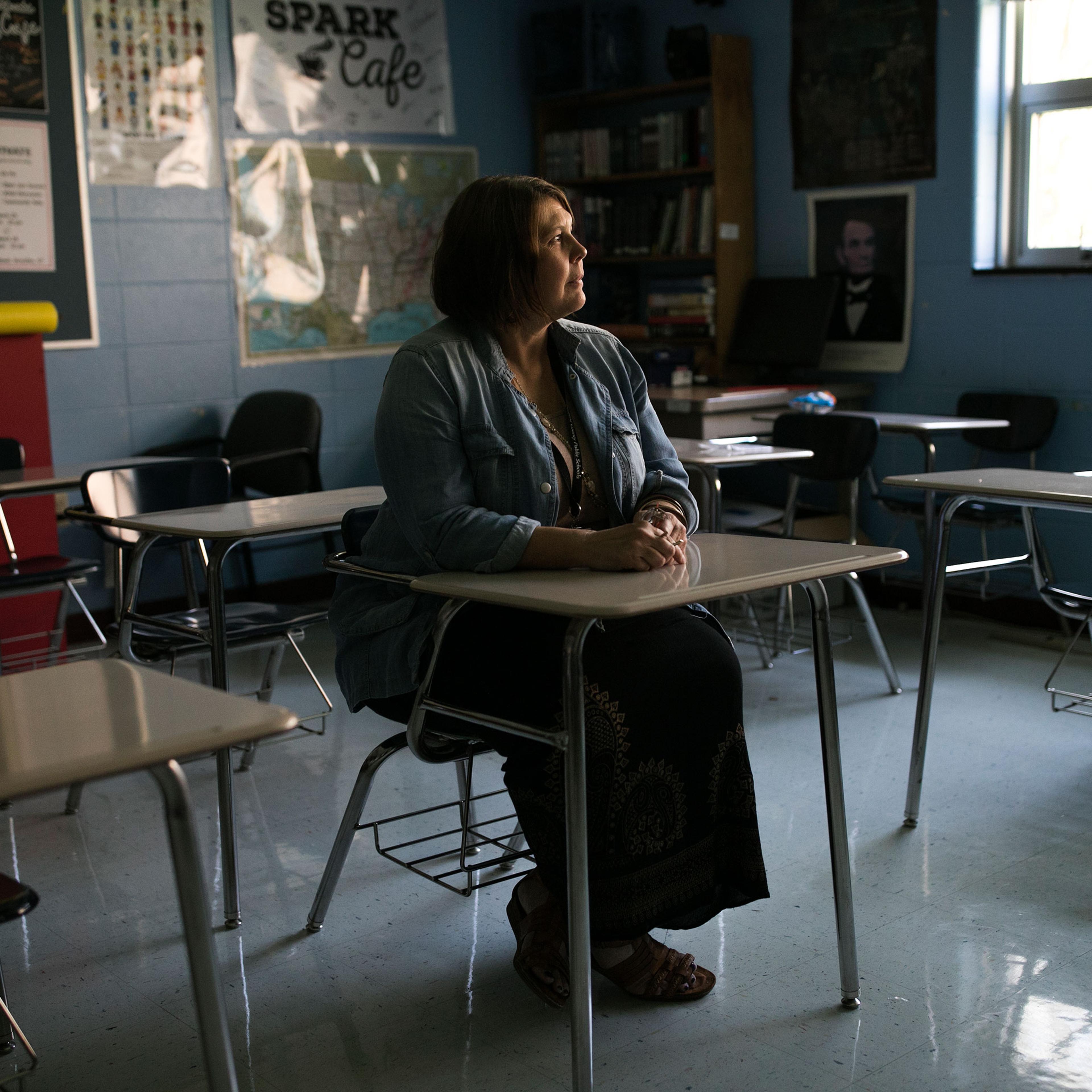 Hope Brown sits in a classroom at Woodford County High School in Versailles, KY on Aug 31.