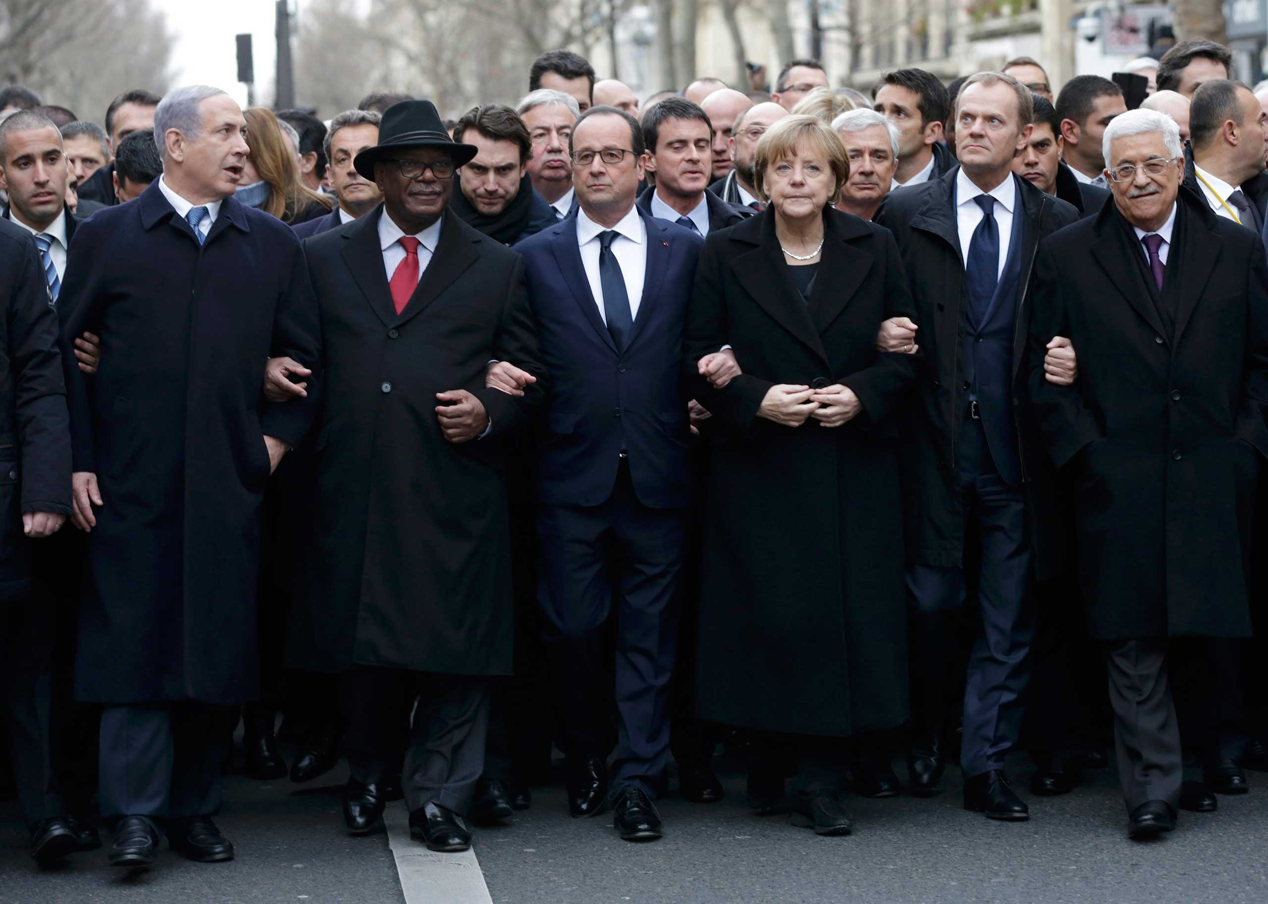 French President Francois Hollande is surrounded by head of states including Israel's Prime Minister Benjamin Netanyahu, Mali's President Ibrahim Boubacar Keita, Germany's Chancellor Angela Merkel, European Council President Donald Tusk and Palestinian P