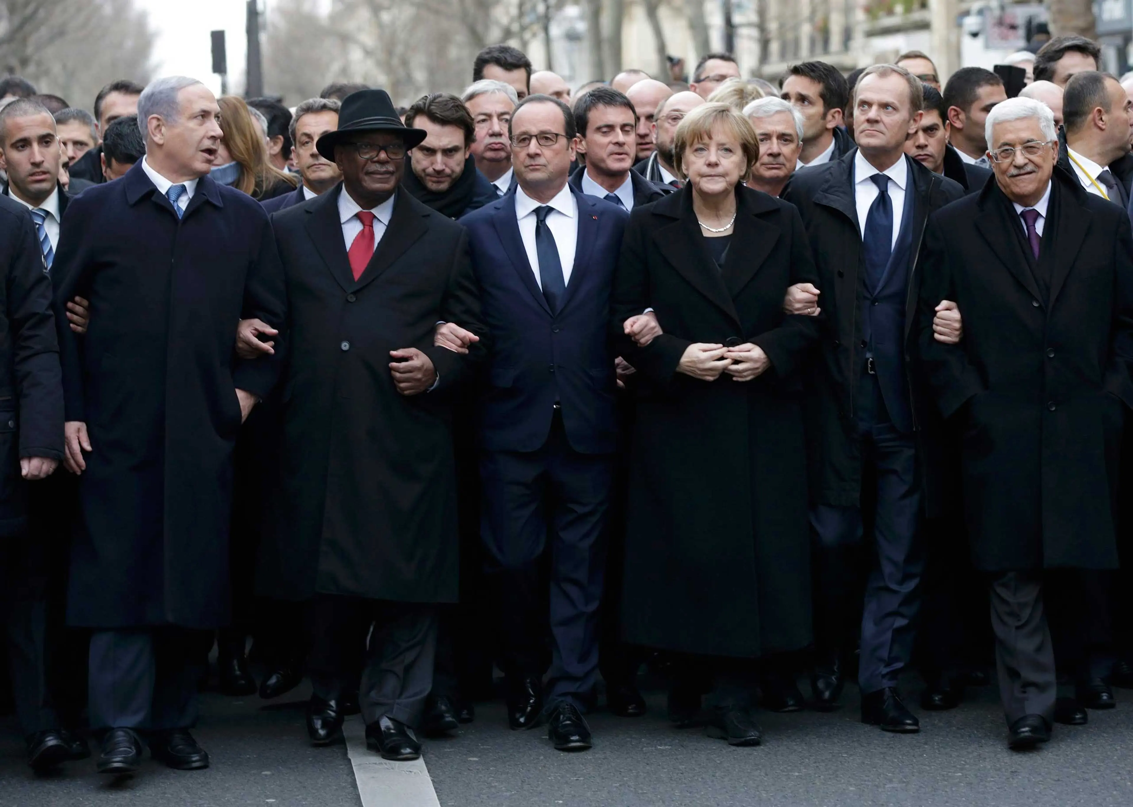 French President Francois Hollande is surrounded by head of states including Israel's Prime Minister Benjamin Netanyahu, Mali's President Ibrahim Boubacar Keita, Germany's Chancellor Angela Merkel, European Council President Donald Tusk and Palestinian P