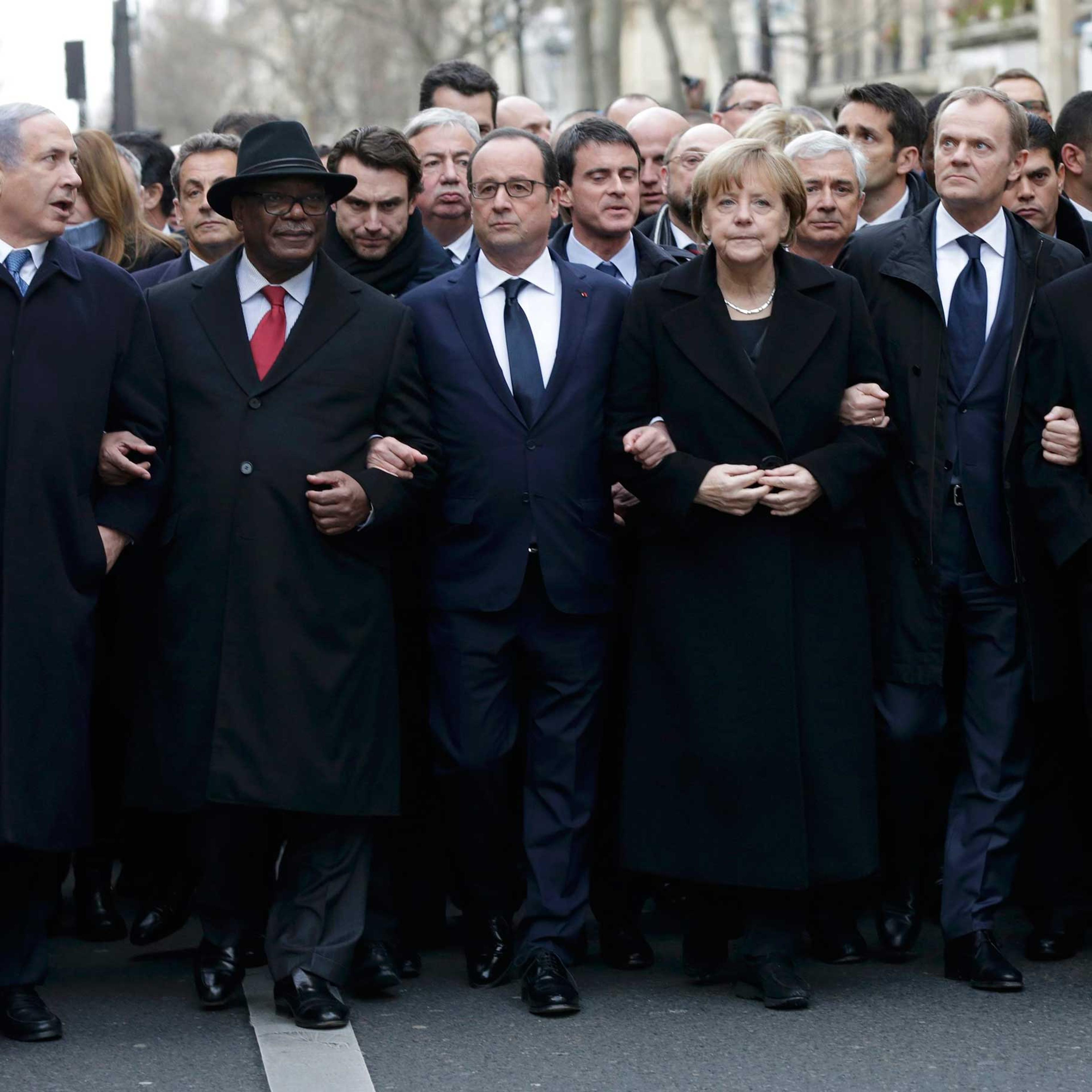 French President Francois Hollande is surrounded by head of states including Israel's Prime Minister Benjamin Netanyahu, Mali's President Ibrahim Boubacar Keita, Germany's Chancellor Angela Merkel, European Council President Donald Tusk and Palestinian P