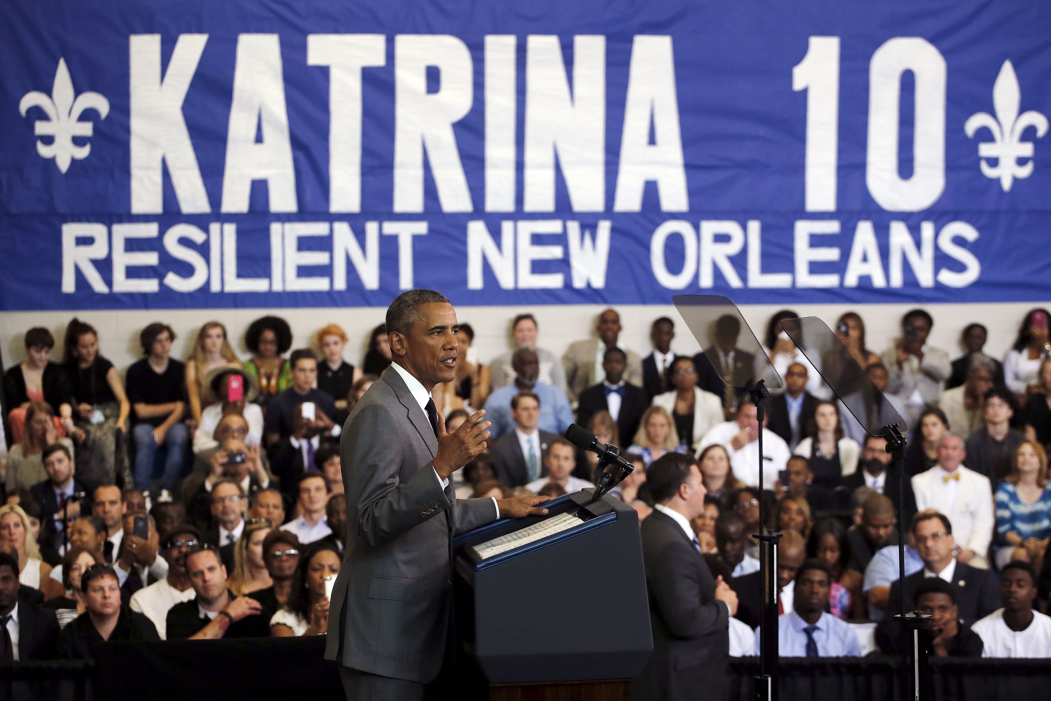 U.S. President Obama delivers a speech at the Andrew P. Sanchez Community Center in Lower Ninth Ward of New Orleans, Louisiana