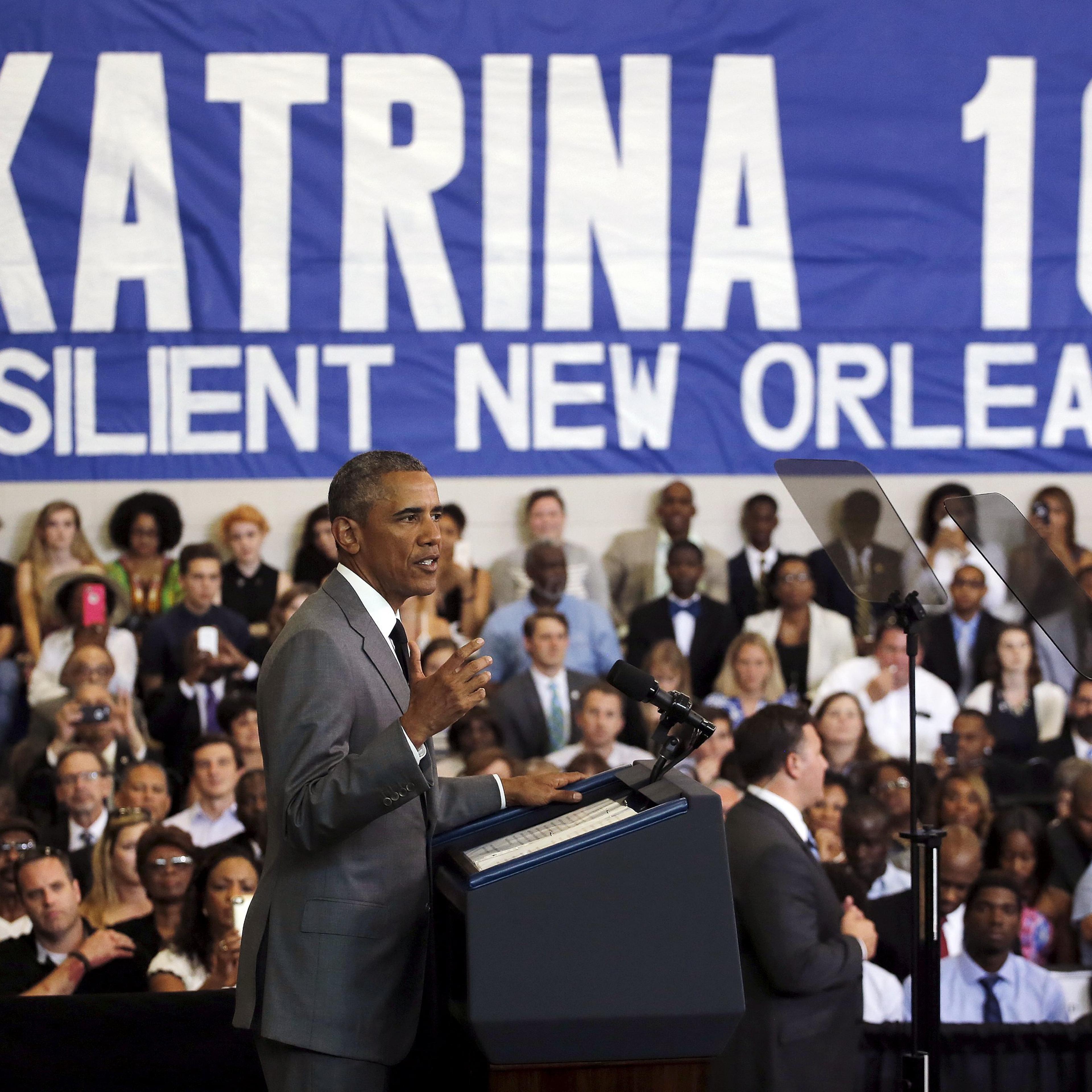 U.S. President Obama delivers a speech at the Andrew P. Sanchez Community Center in Lower Ninth Ward of New Orleans, Louisiana