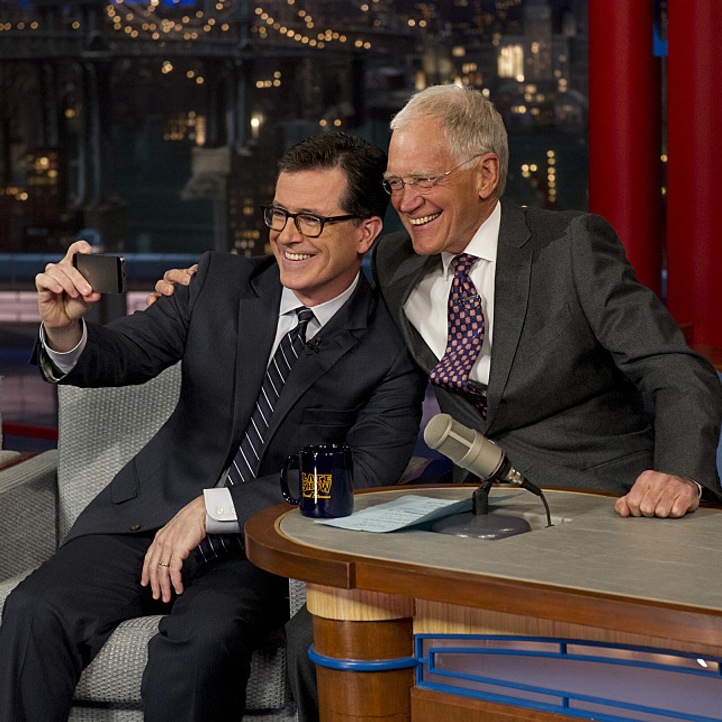 Stephen Colbert, future host of the LATE SHOW, talks to David Letterman when Colbert visits the LATE SHOW with DAVID LETTERMAN, Tuesday, April 22 (11:35 PM-12:37 AM, ET/PT) on the CBS Television Network. This photo is provided by CBS from the Late Show w