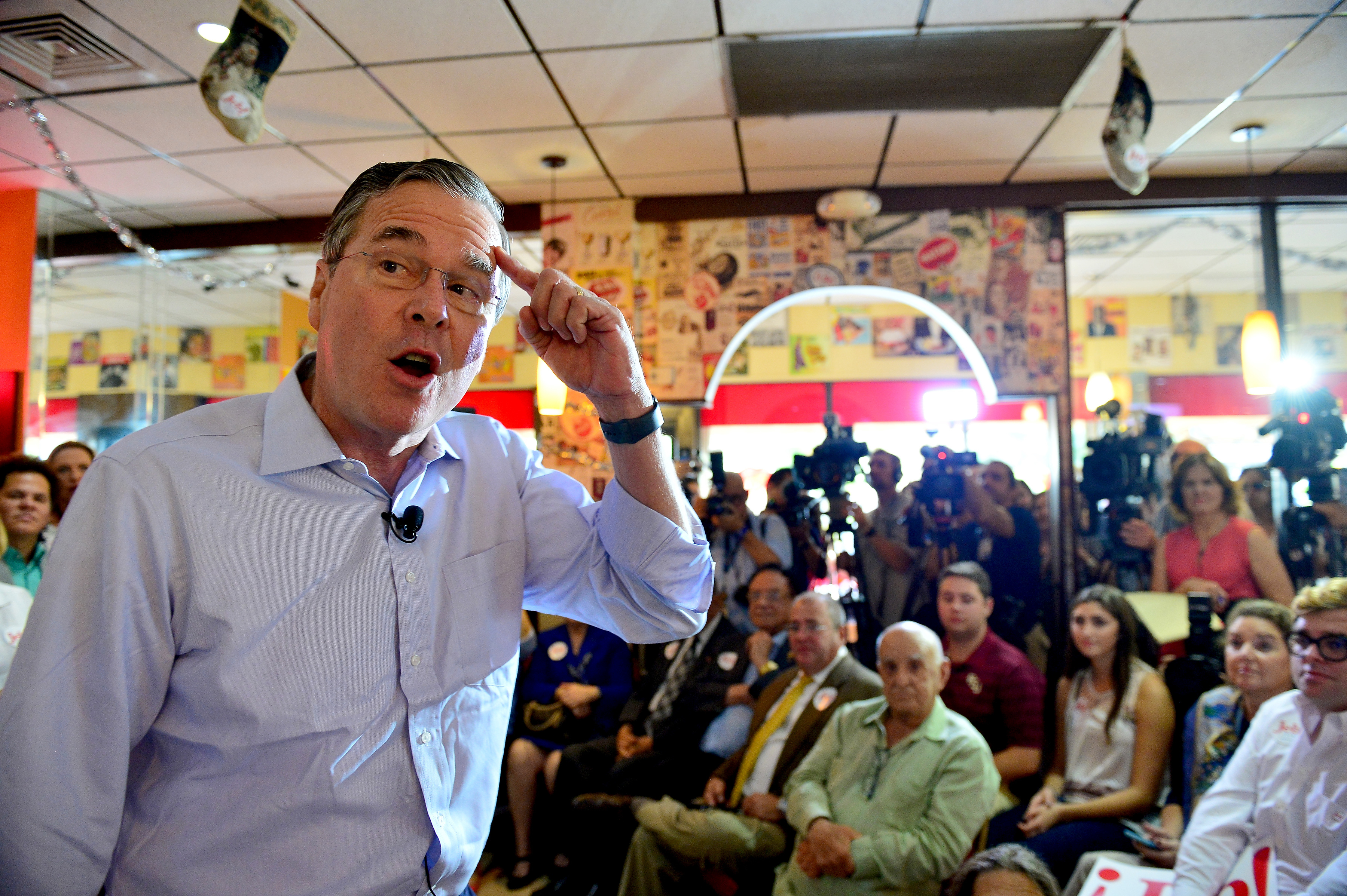 Republican presidential candidate and former Florida Governor Jeb Bush holds a meet and greet at Chico's Restaurant on December 28, 2015 in Hialeah, Florida. 