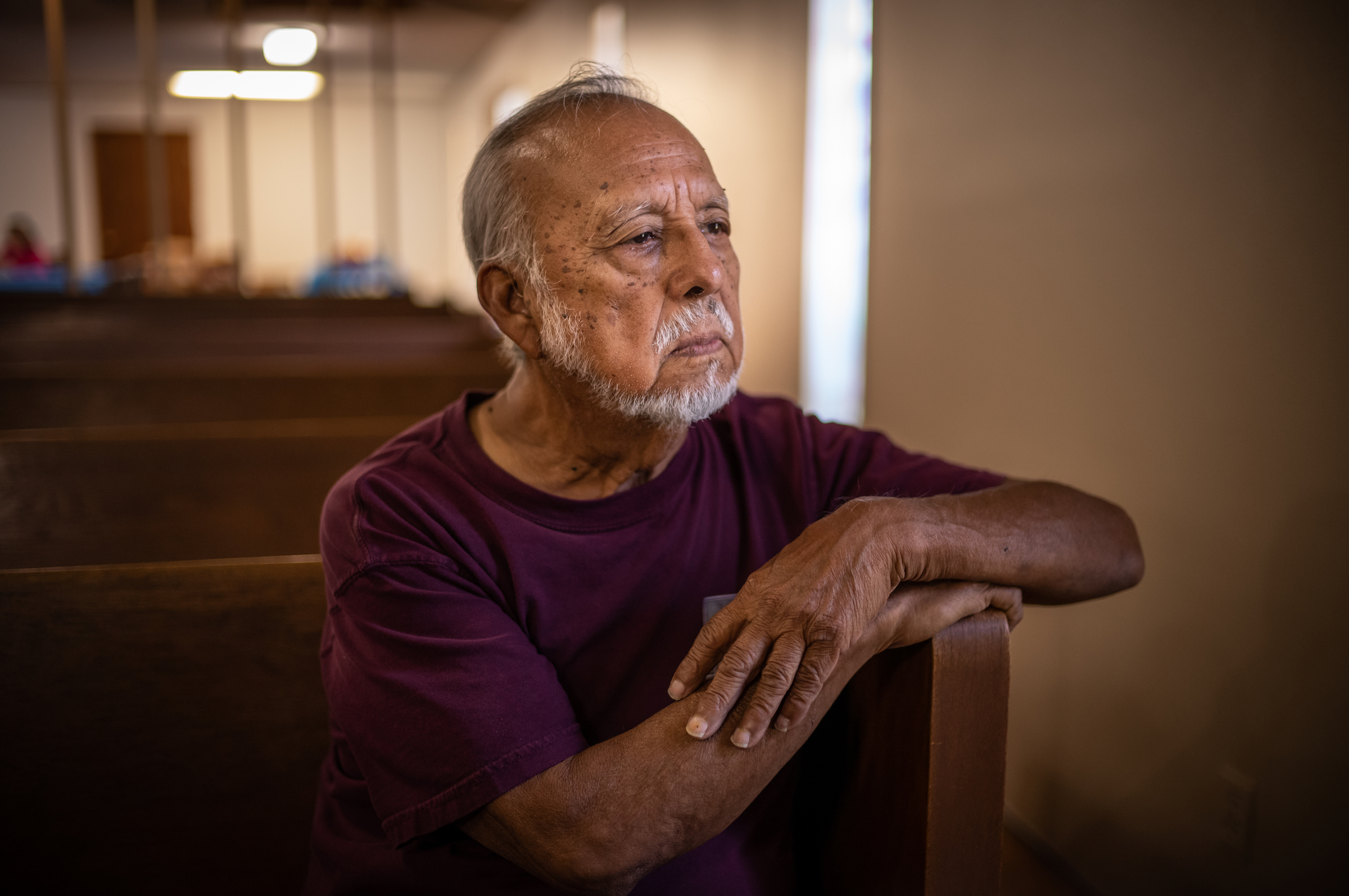May 28, 2022 Uvalde, TX Julian Moreno, shown here in the Primera Iglesia Bautista church where he used to be a pastor, lost his great grand daughter Lexi Rubio in the Robb School Shooting on Tuesday. Photo by David Butow