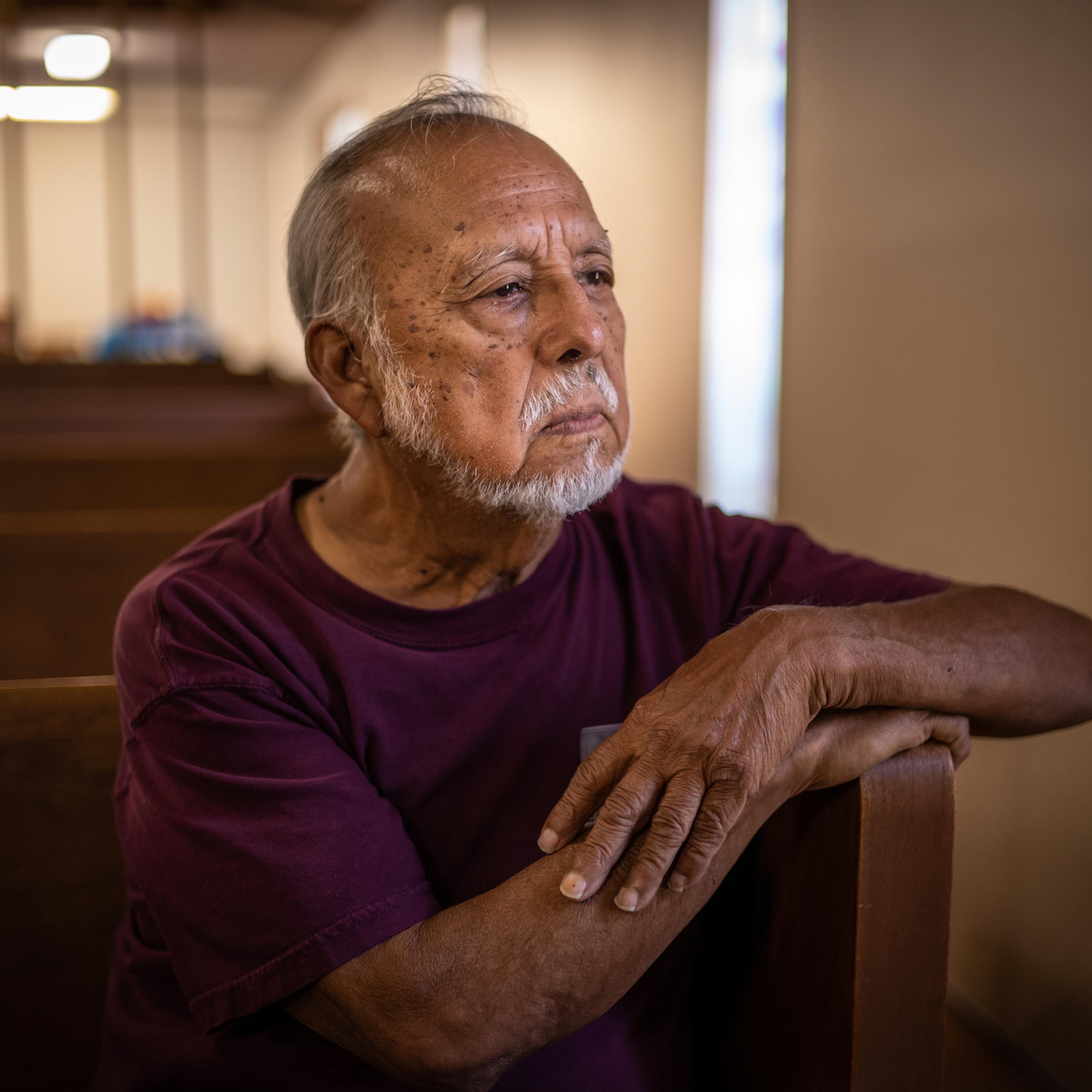 May 28, 2022 Uvalde, TX Julian Moreno, shown here in the Primera Iglesia Bautista church where he used to be a pastor, lost his great grand daughter Lexi Rubio in the Robb School Shooting on Tuesday. Photo by David Butow