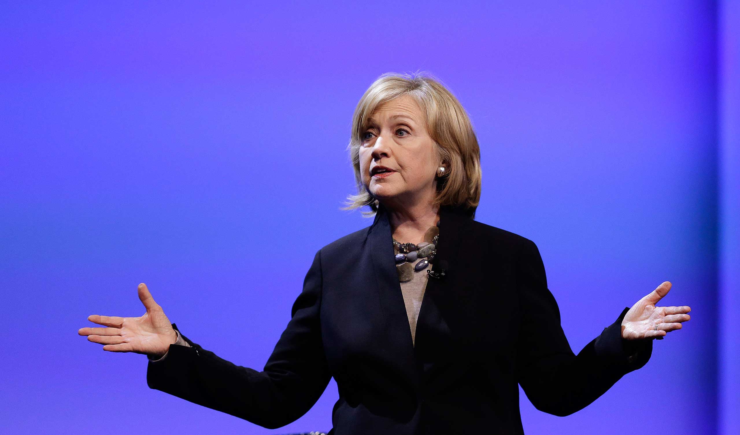 Former U.S. Secretary of State Hillary Rodham Clinton delivers the keynote address at the Dreamforce convention Tuesday, Oct. 14, 2014, in San Francisco.