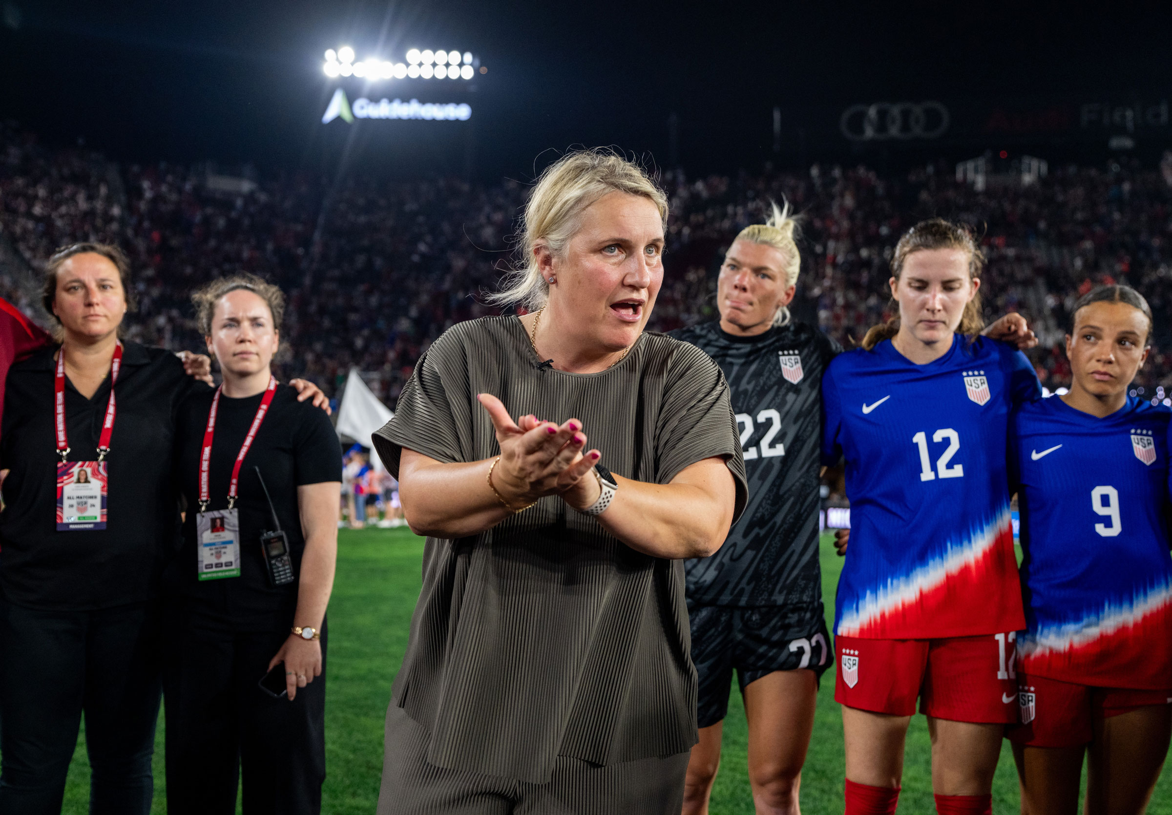 Emma Hayes of the United States talks to the team in the huddle after a game between Costa Rica and USWNT at Audi Field on July 16, 2024 in Washington, DC.
