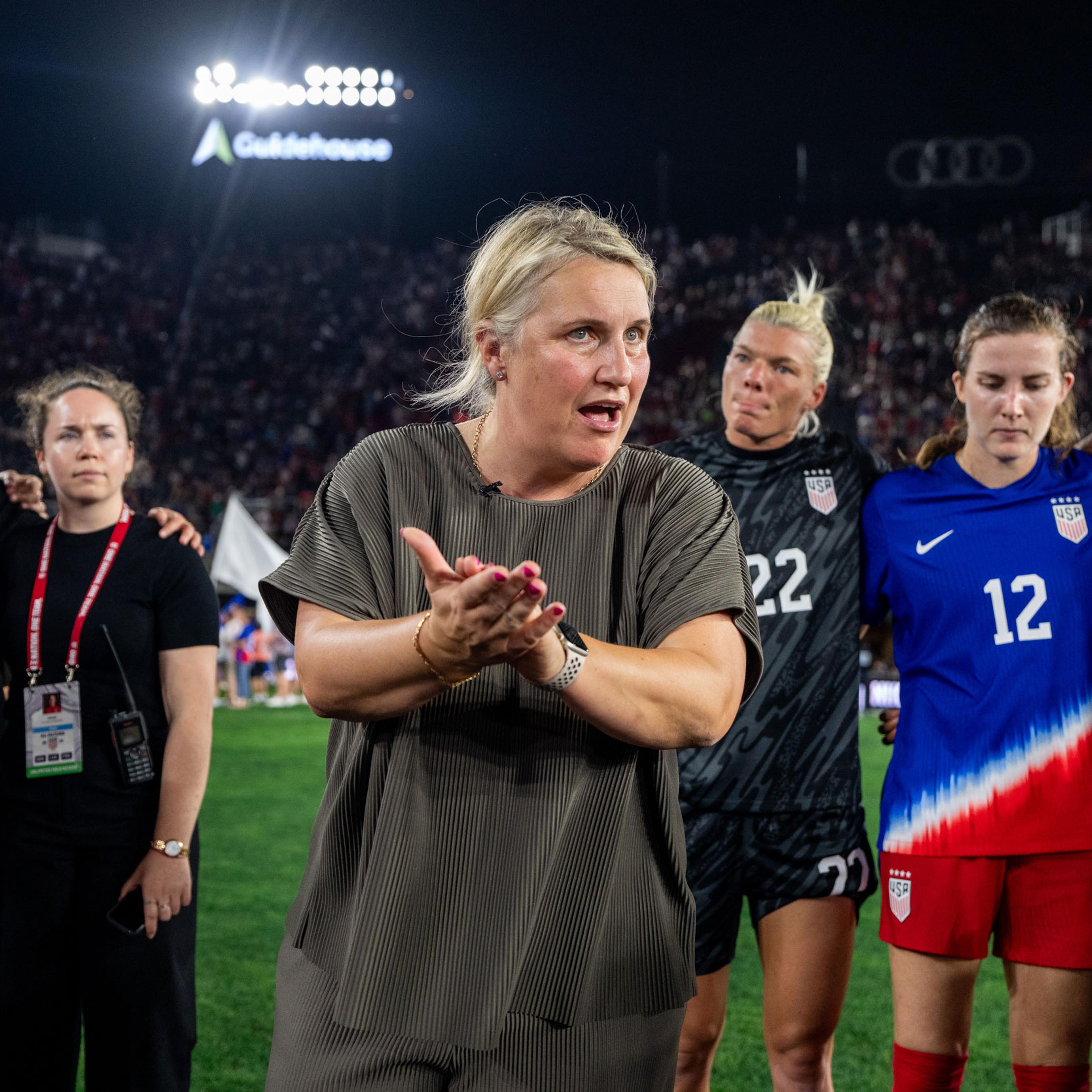 Emma Hayes of the United States talks to the team in the huddle after a game between Costa Rica and USWNT at Audi Field on July 16, 2024 in Washington, DC.