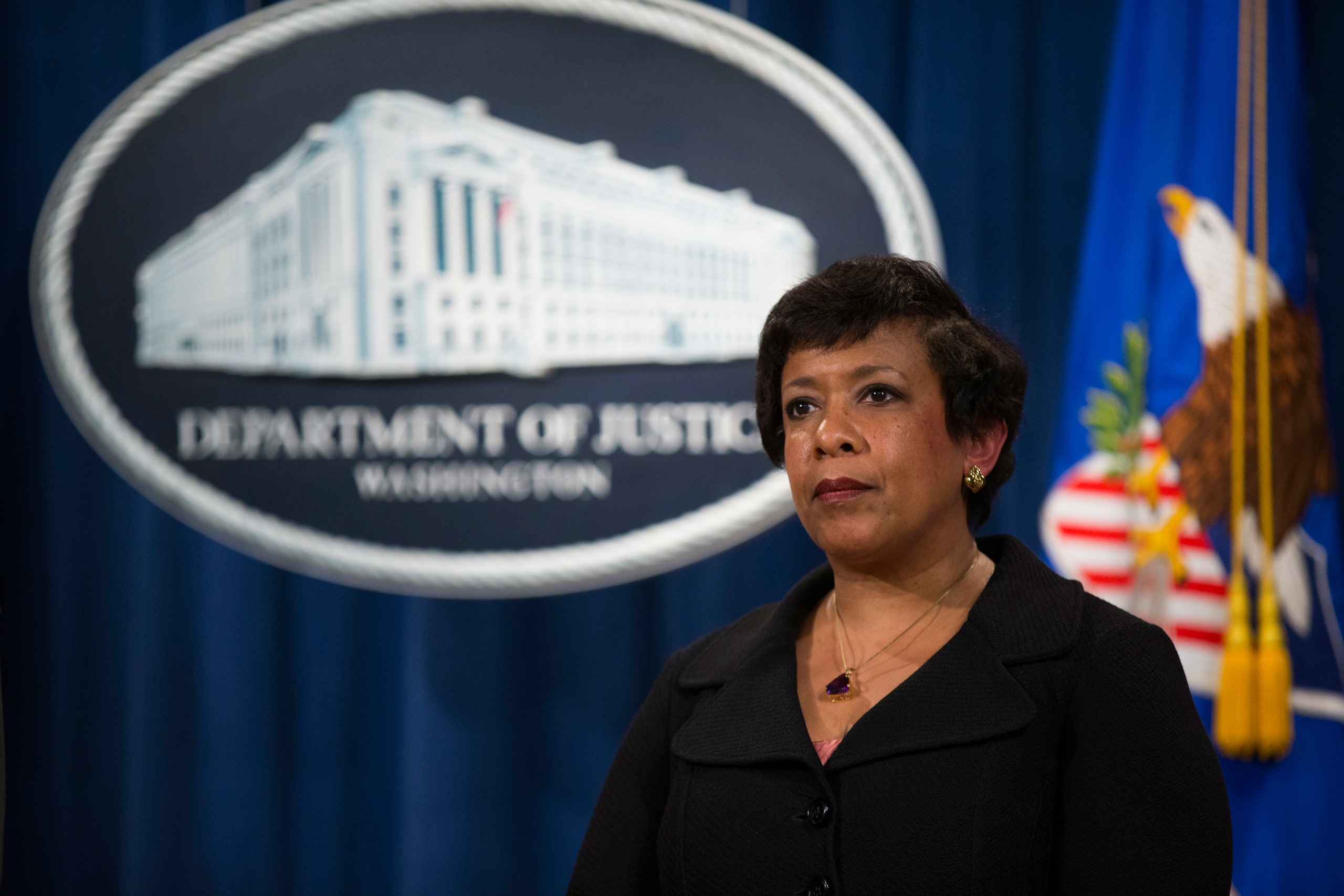 Attorney General Loretta Lynch pauses during a news conference at the Justice Department in Washington, Monday, May 9, 2016. North Carolina Gov. Pat McCrory's administration sued the federal government Monday in a fight for a state law that limits protec
