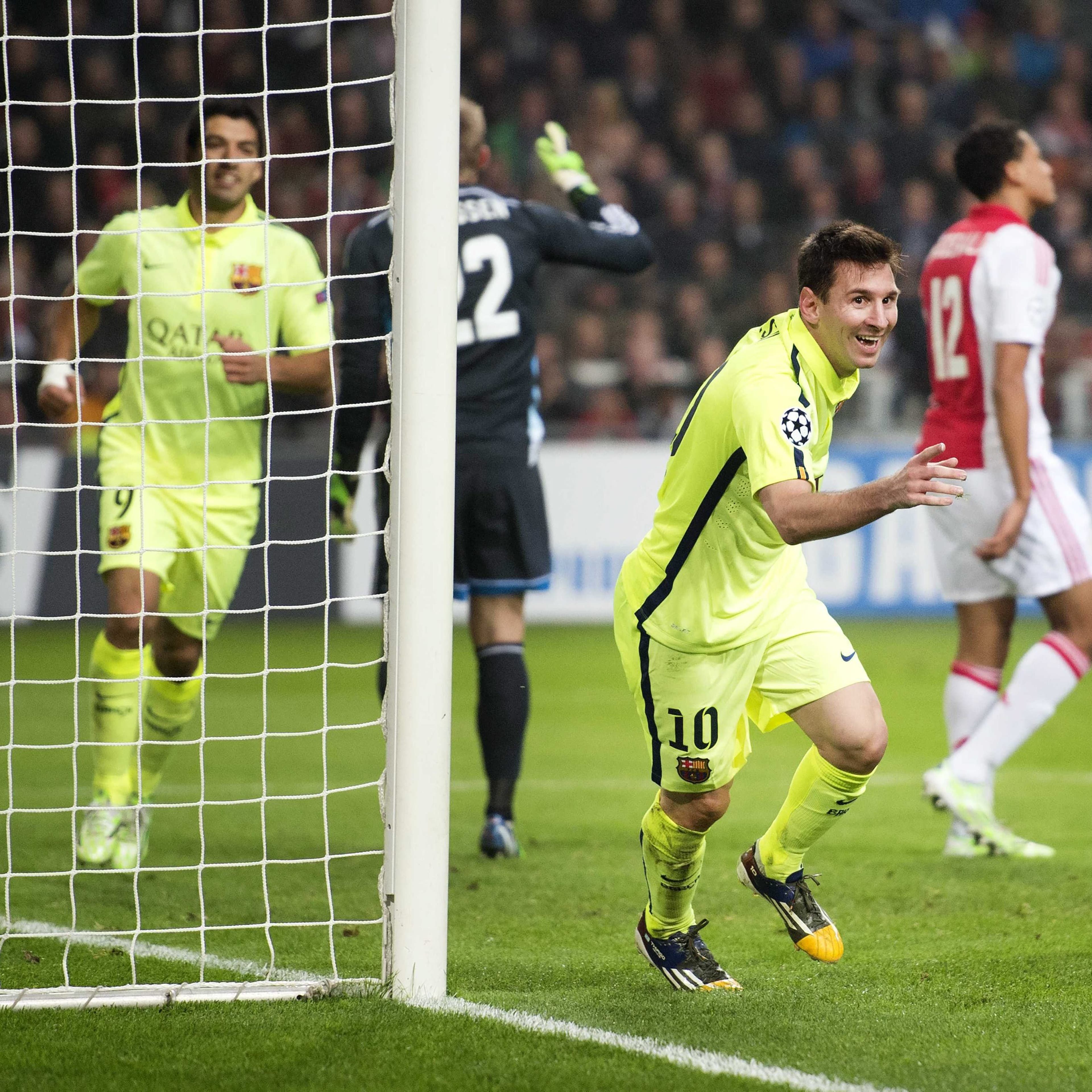 Ajax vs BarcelonaFC Barcelona Lionel Messi celebrates his 2-0 during the UEFA Champions League group F soccer match between Ajax Amsterdam and FC Barcelona in Amsterdam on Nov. 5, 2014.