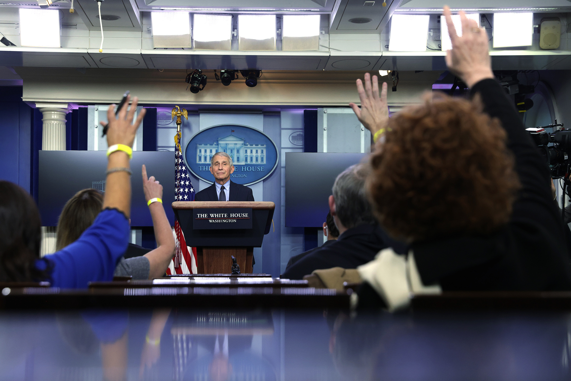 Dr Anthony Fauci, Director of the National Institute of Allergy and Infectious Diseases, speaks during a White House press briefing at the James Brady Press Briefing Room of the White House January 21, 2021 in Washington, DC. 