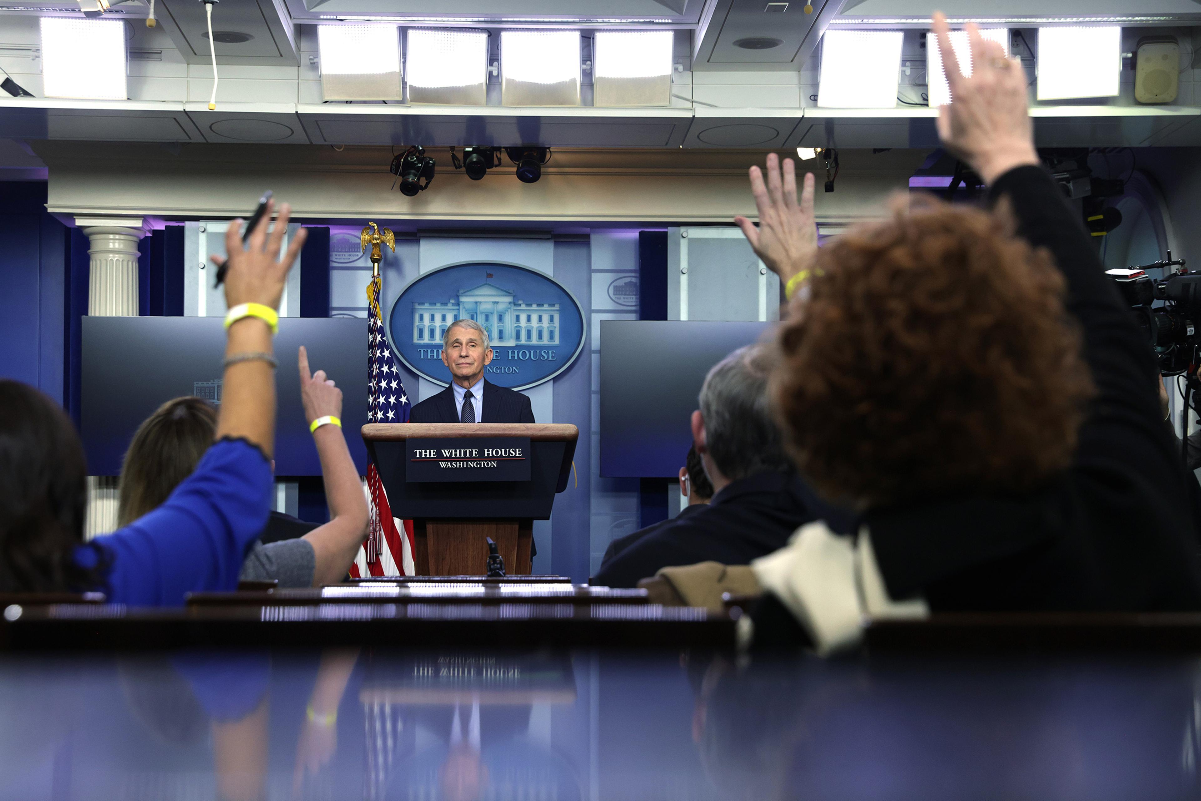 Dr Anthony Fauci, Director of the National Institute of Allergy and Infectious Diseases, speaks during a White House press briefing at the James Brady Press Briefing Room of the White House January 21, 2021 in Washington, DC.