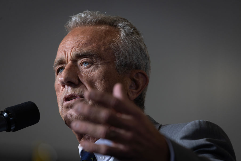 Former presidential candidate Robert F. Kennedy Jr. speaks during a campaign event hosted by Republican presidential nominee former President Donald Trump at the Falk Productions manufacturing facility in Walker, Mich. on on Sept. 27, 2024.