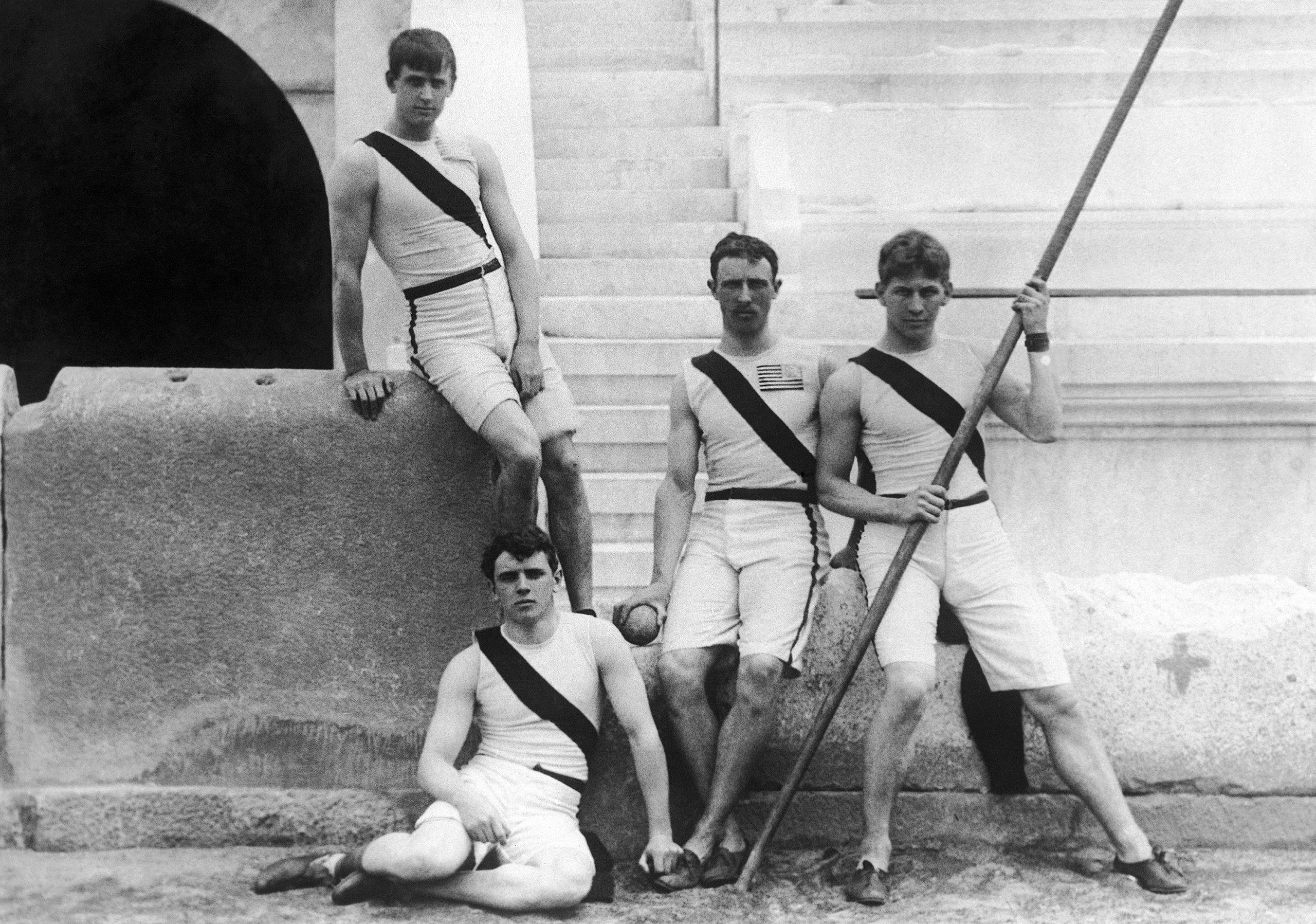 Members of the athletics team of the US Princeton University pose at the first modern International Summer Olympic Games held at the Panathinaiko Stadium in April 1896 in Athens, Greece. From left to right: Francis A. Lane, Herbert Jamison, Robert Garret