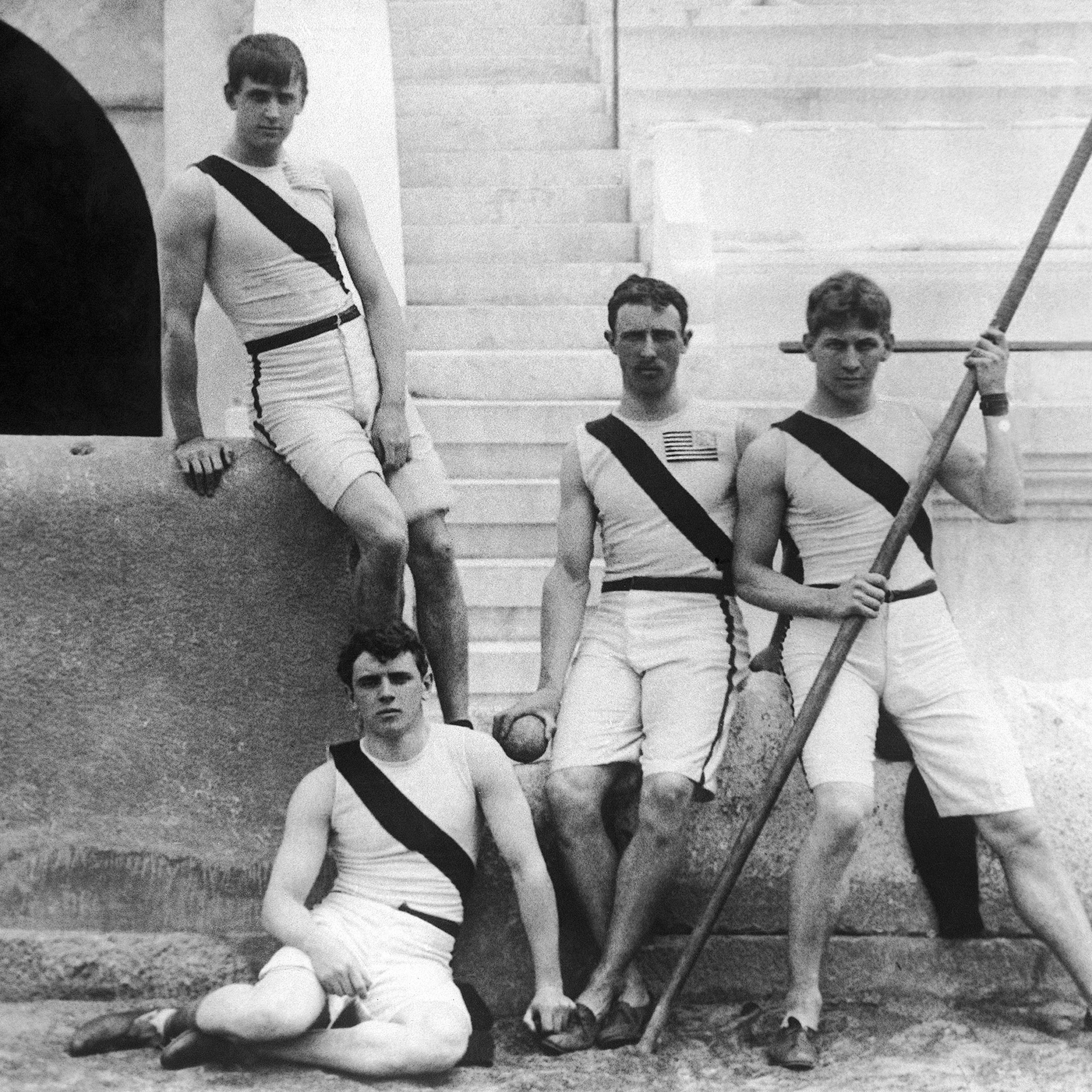 Members of the athletics team of the US Princeton University pose at the first modern International Summer Olympic Games held at the Panathinaiko Stadium in April 1896 in Athens, Greece. From left to right: Francis A. Lane, Herbert Jamison, Robert Garret