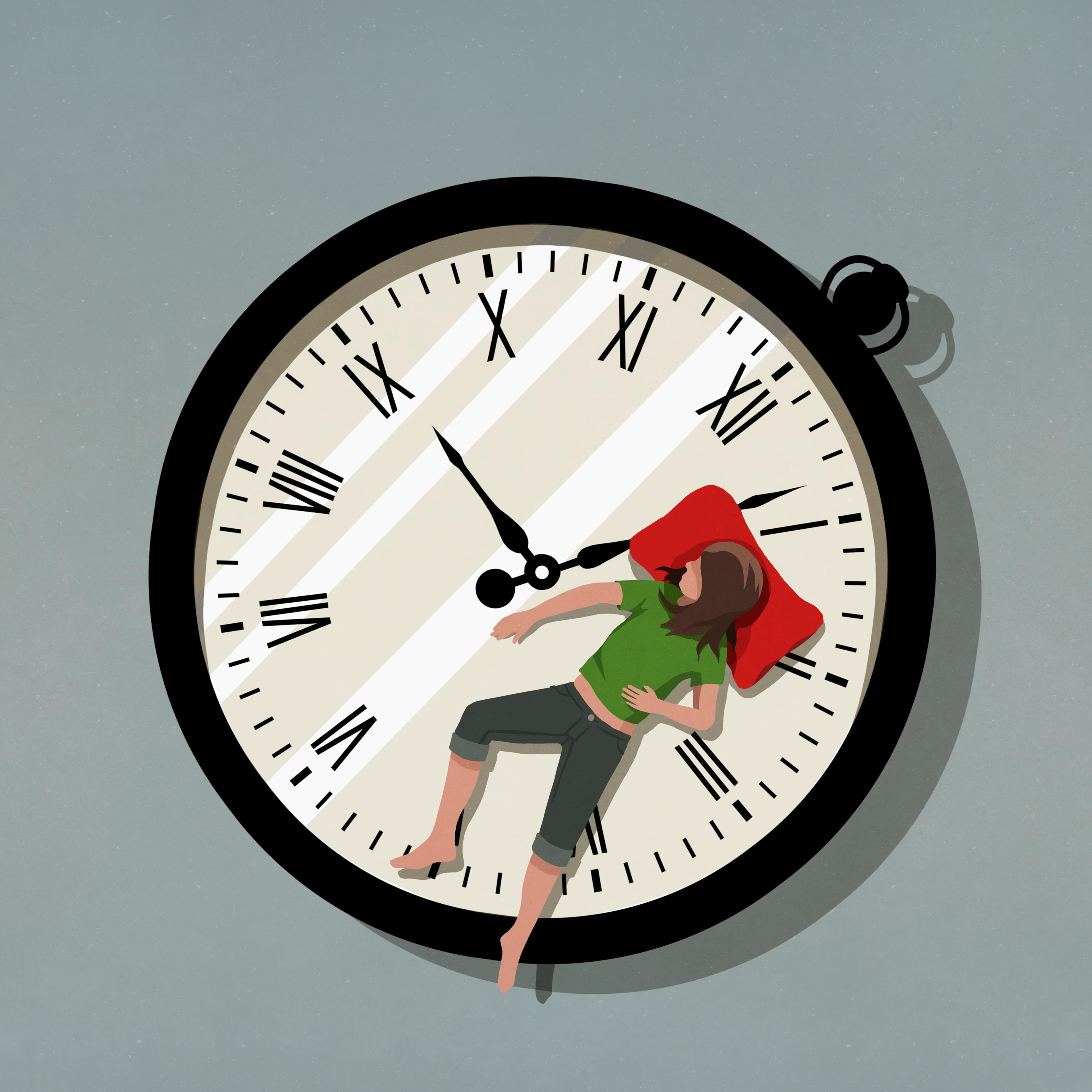 Woman sleeping on pocket watch