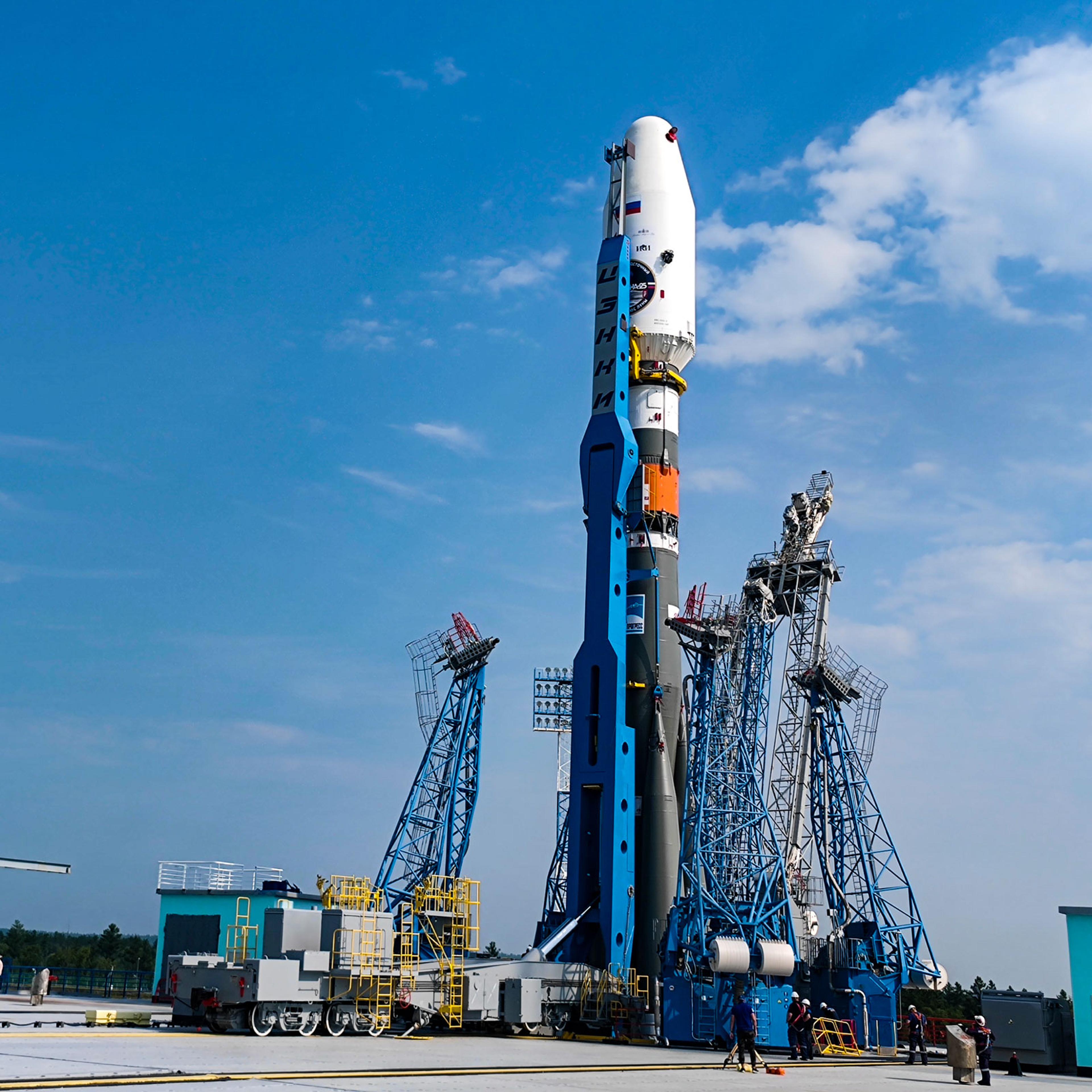the moon lander Luna 25 automatic station is set at a launch pad at the Vostochny Cosmodrome in the Russian Far East