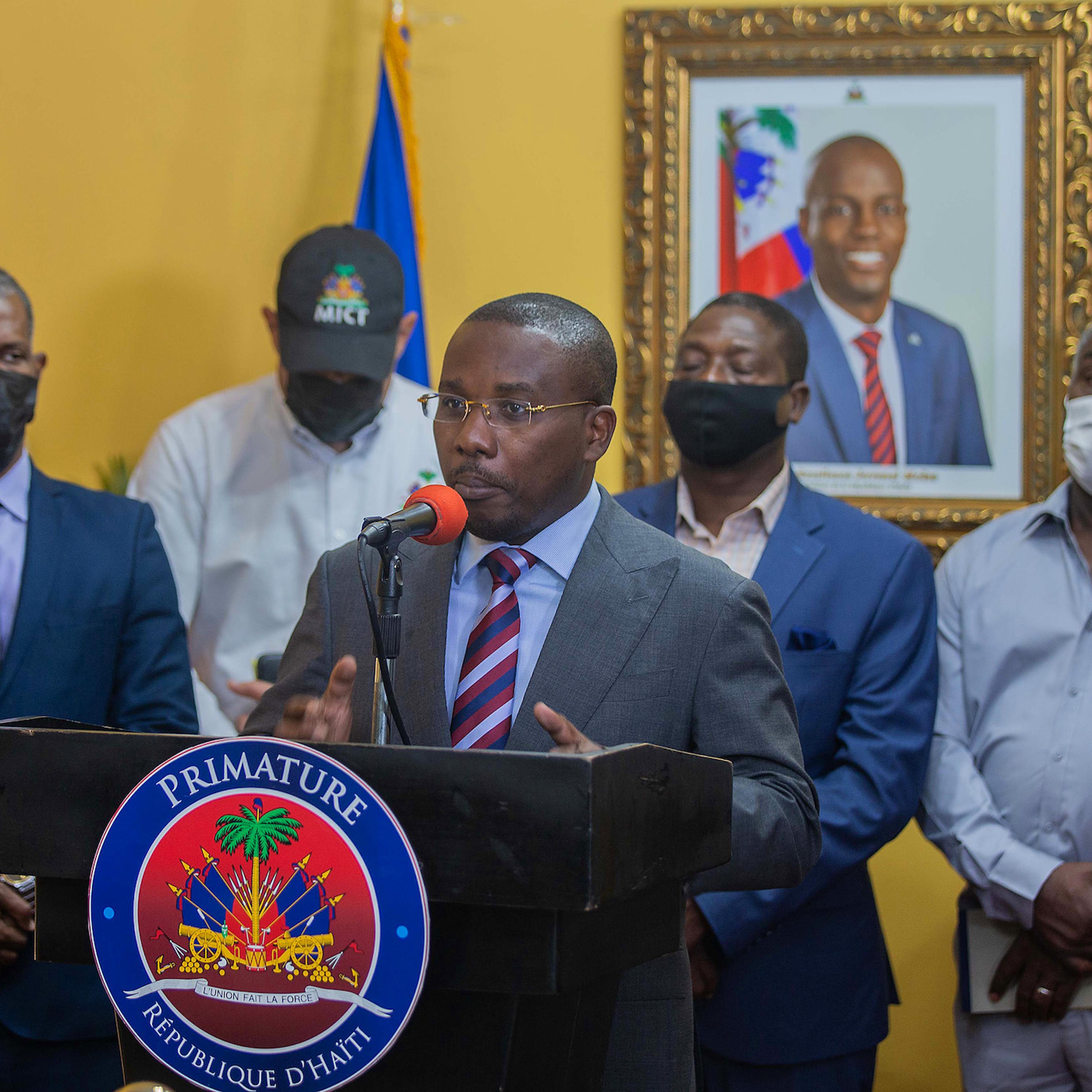 Prime Minister Claude Joseph speaks during a press conference at his residence on July 08, 2021 in Port-au-Prince, Haiti.