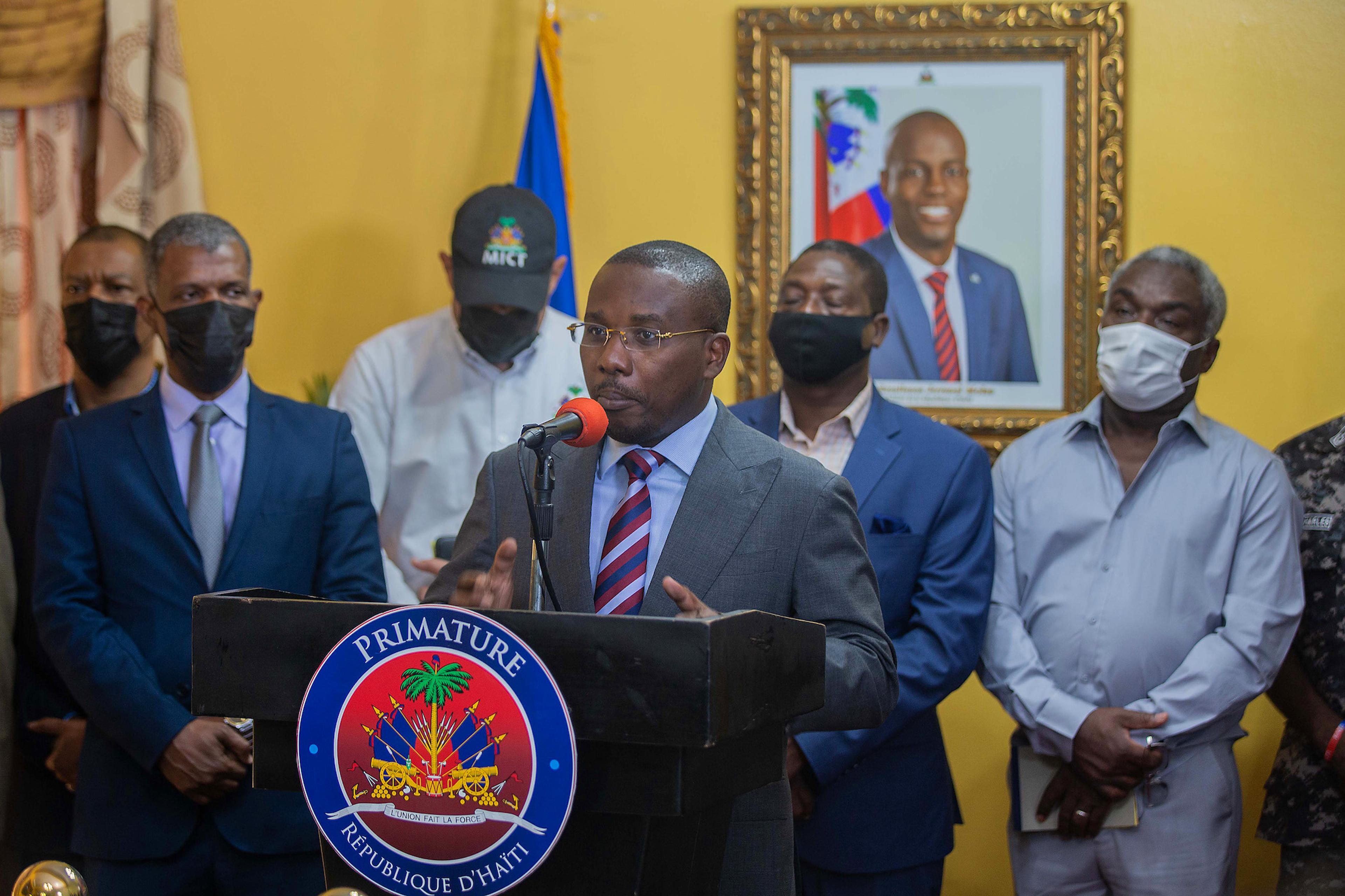 Prime Minister Claude Joseph speaks during a press conference at his residence on July 08, 2021 in Port-au-Prince, Haiti.