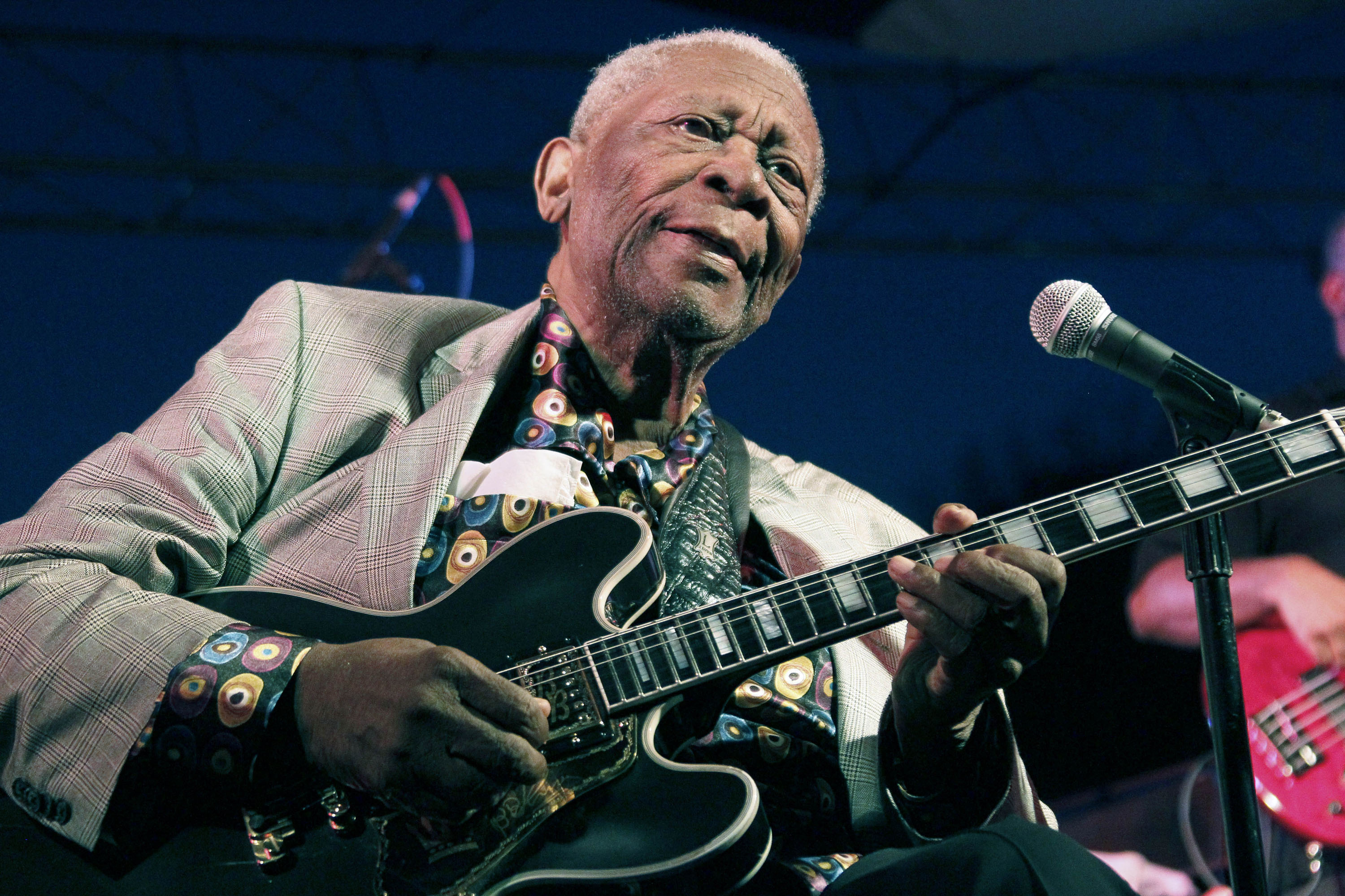 In this file photo taken Aug. 22, 2012, B.B. King performs at the 32nd annual B.B. King Homecoming, a concert on the grounds of an old cotton gin where he worked as a teenager in Indianola, Miss.