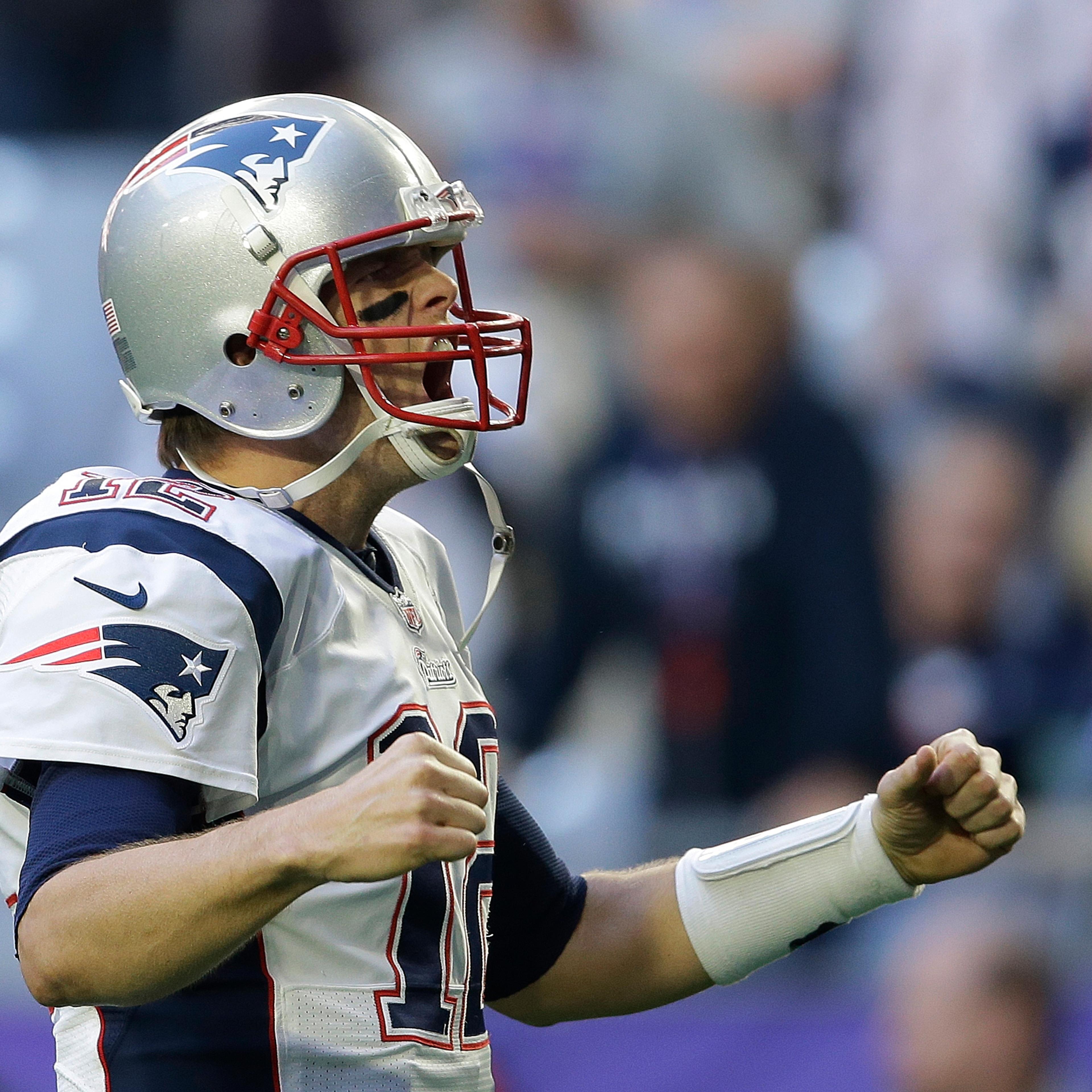 New England Patriots quarterback Tom Brady (12) yells before the NFL Super Bowl XLIX football game against the Seattle Seahawks on Sunday, Feb. 1, 2015, in Glendale, Ariz