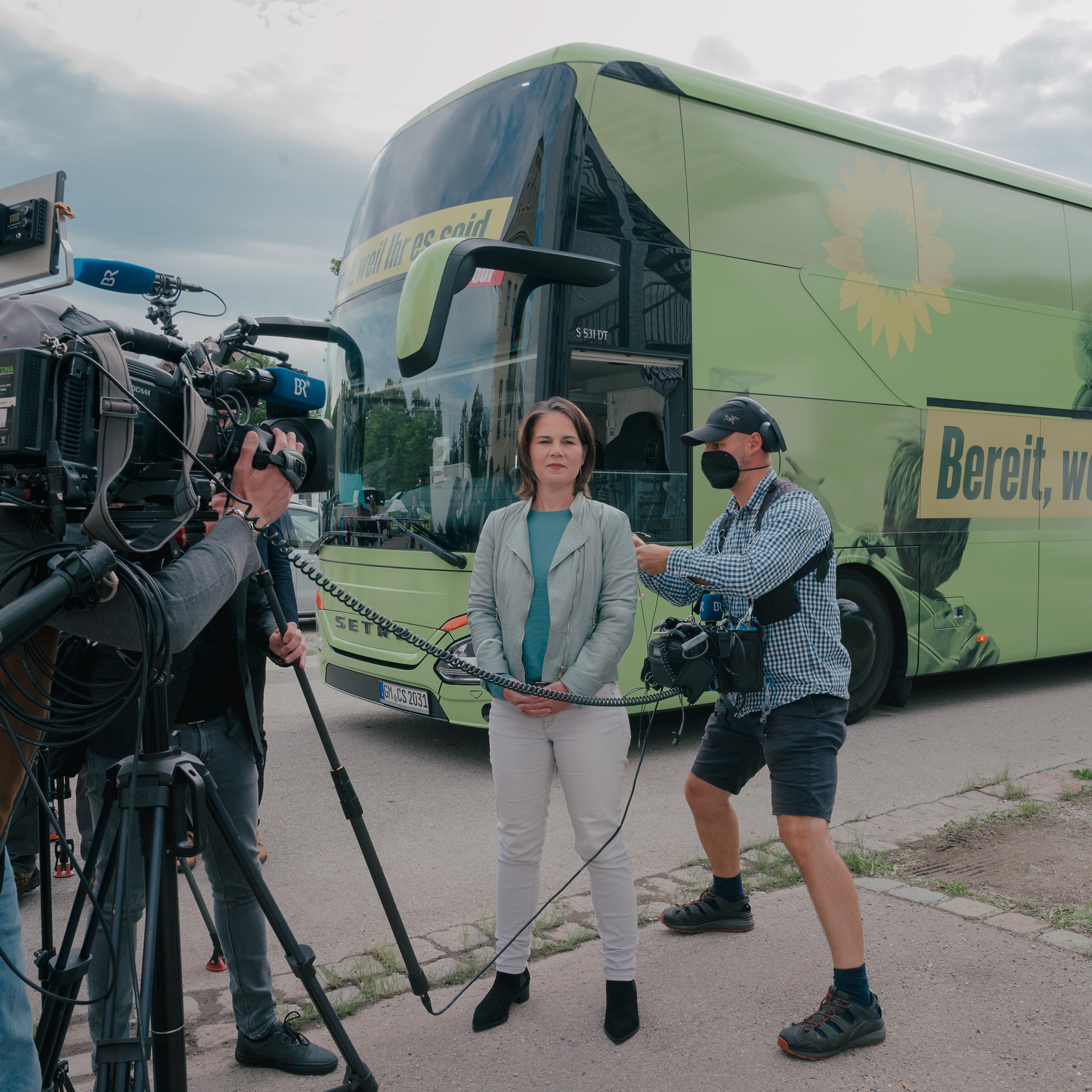 Annalena Baerbock of Alliance 90/The Greens (Bündniss 90/Die Grünen) gives interviews to German Media at a election campaign event in Dachau, Germany, on Aug. 17.