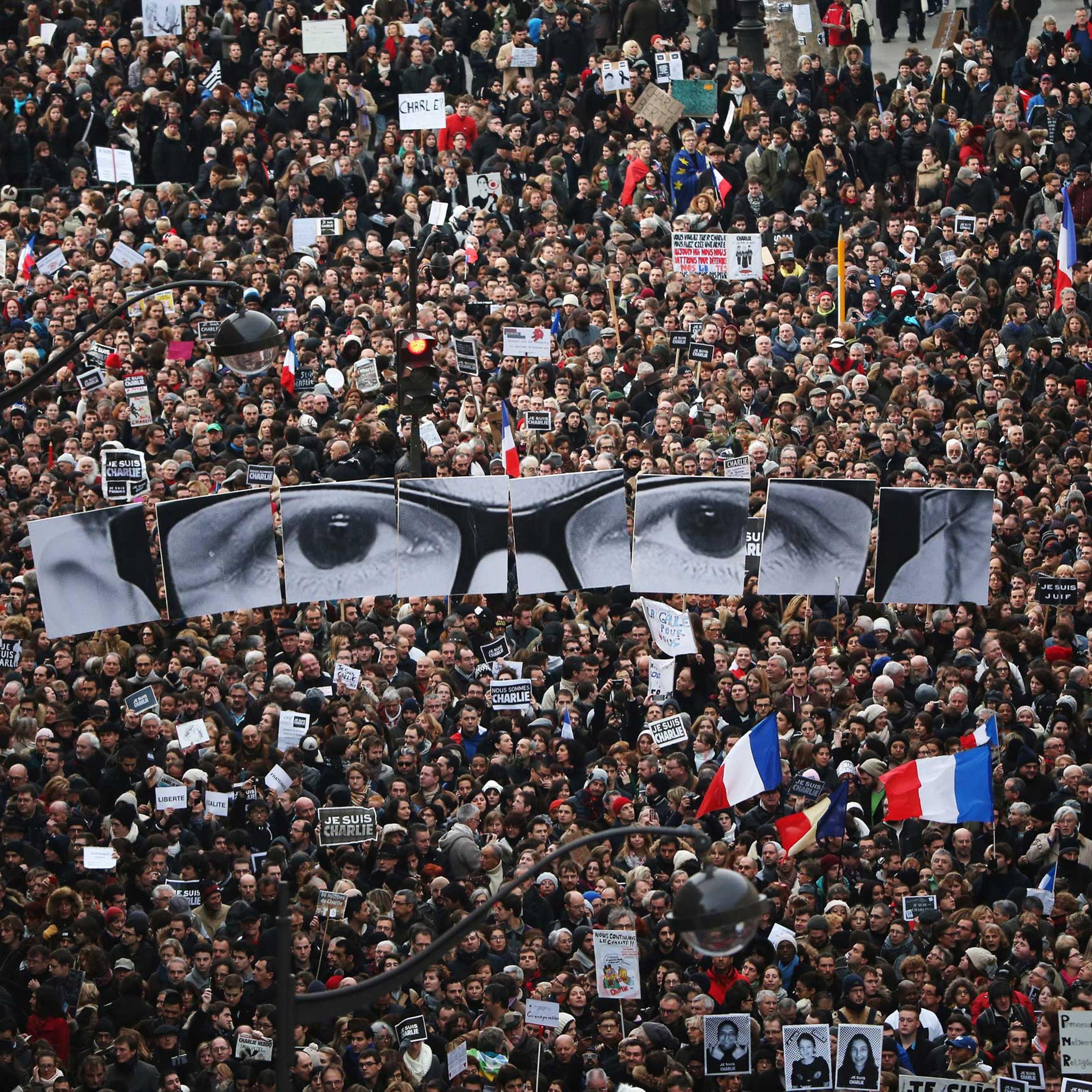 Demonstrators make their way along Boulevrd Voltaire in a unity rally in Paris following the recent terrorist attacks on Jan. 11, 2015 in Paris.