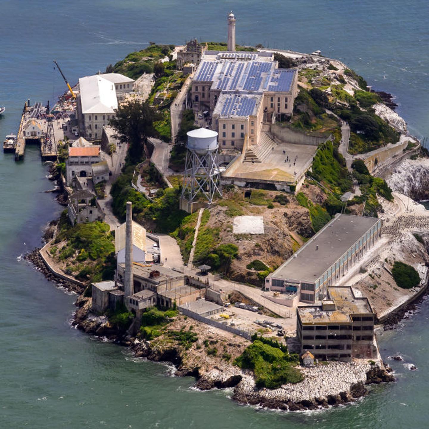 An aerial view shows Alcatraz island in San Francisco, California on May 16, 2024.