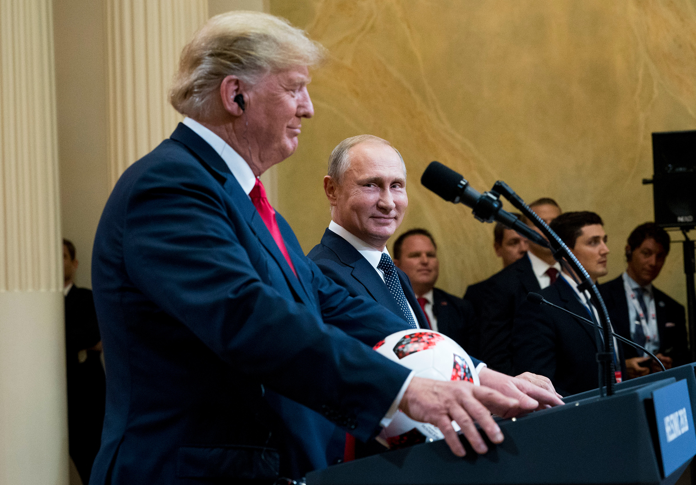 Former President Donald Trump with President Vladimir Putin during a joint news conference in Helsinki, Finland, July 16, 2018. 