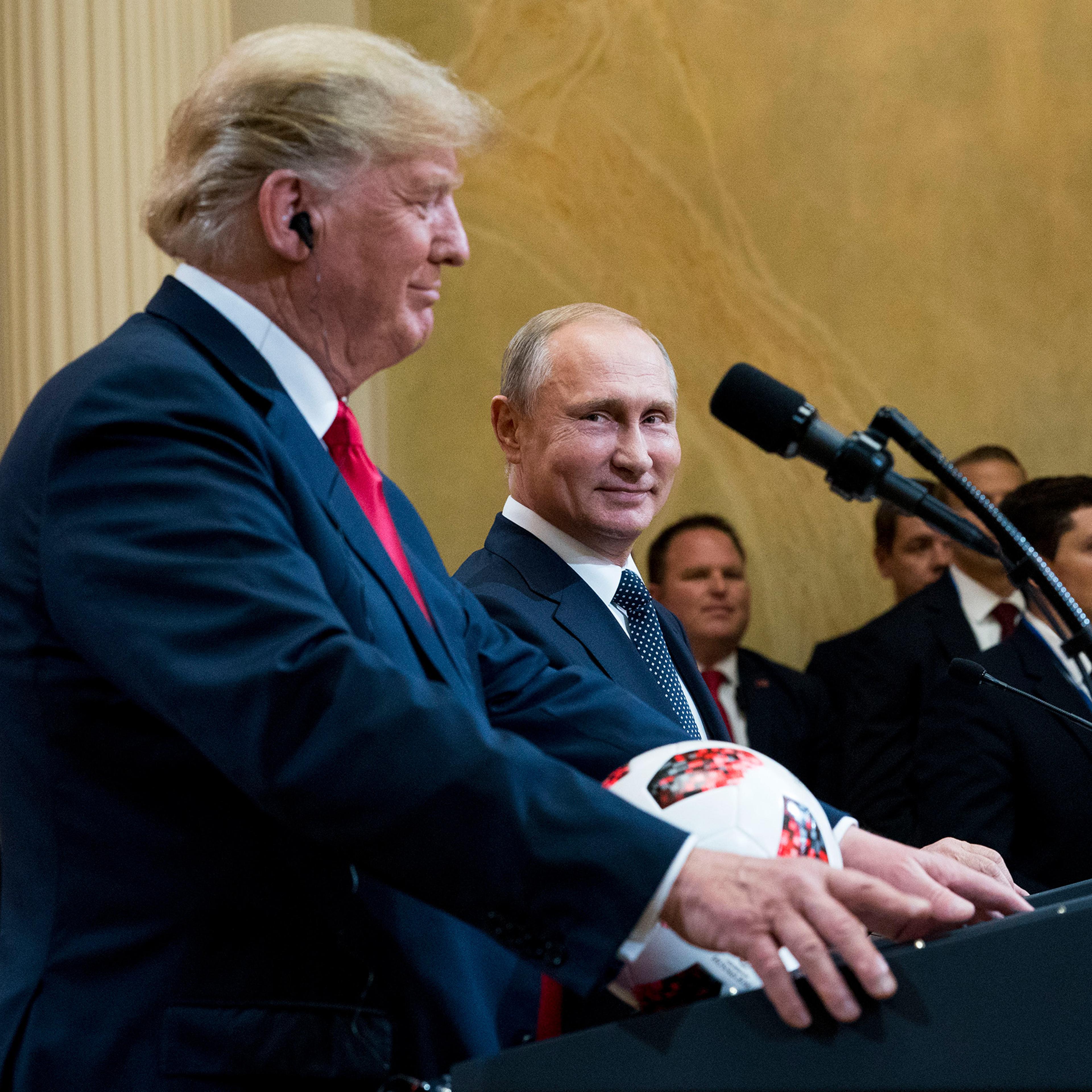 Former President Donald Trump with President Vladimir Putin during a joint news conference in Helsinki, Finland, July 16, 2018.