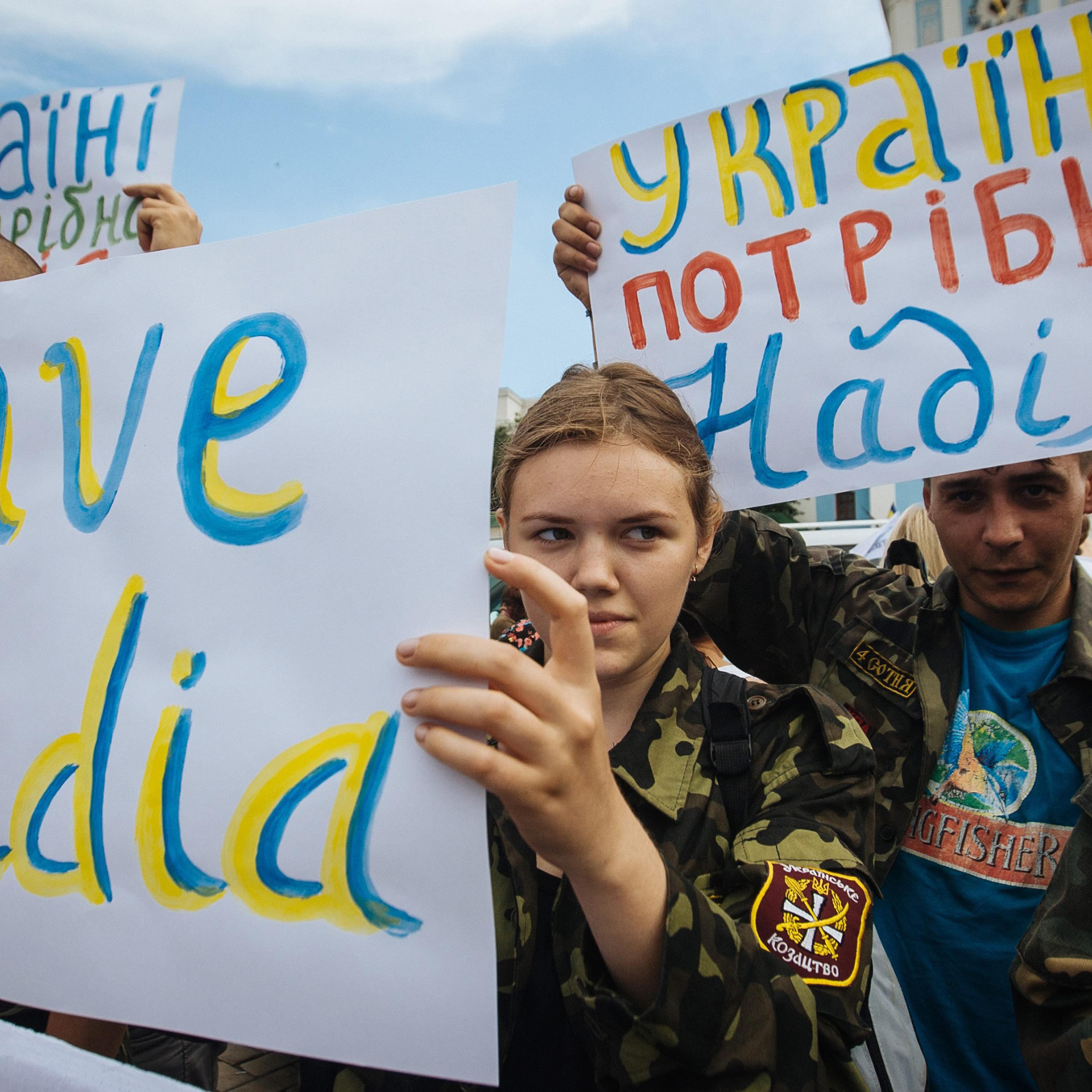 Ukrainian activists demanding the release of Ukrainian officer Nadiya Savchenko from Russian prison in Kiev, Ukraine, July 11.