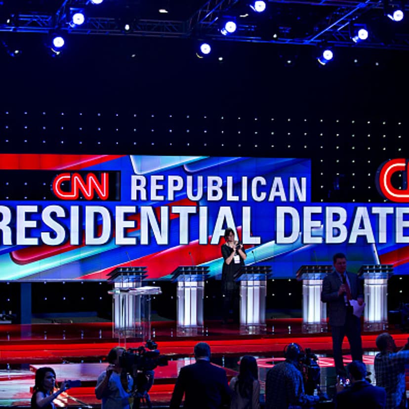 Members of the media tour the debate hall ahead of the Republican presidential primary candidate debate sponsored by CNN and Telemundo at the University of Houston in Houston, Texas, U.S., on Thursday, Feb. 25, 2016.